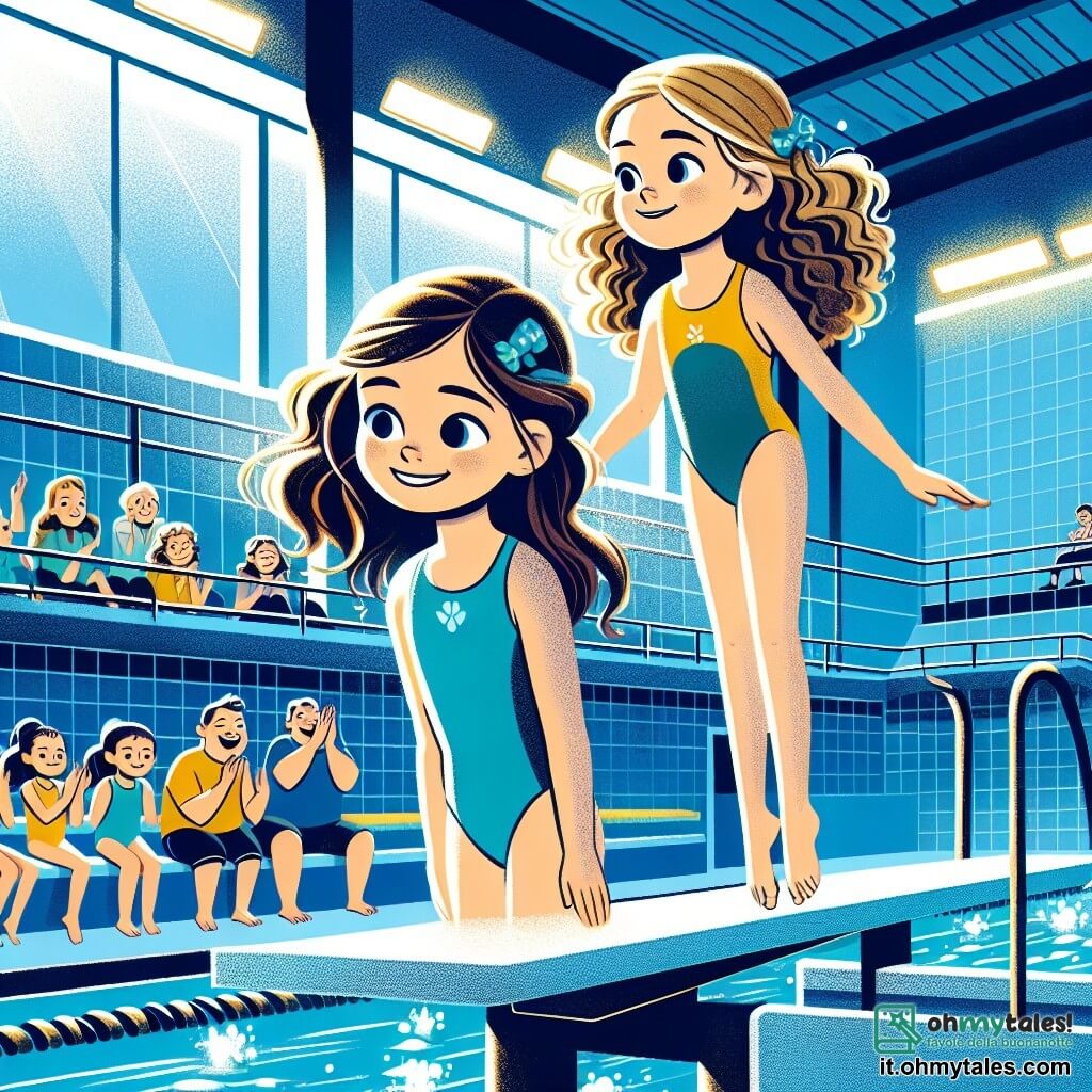 Una ragazza di 12 anni, Sofia, con lunghi capelli castani, indossa un costume da bagno blu. Ha un grande sorriso sul viso, che mostra la sua determinazione e il suo entusiasmo mentre si prepara a tuffarsi in una piscina. Accanto a lei, la sua migliore amica Emma, anch'essa di 12 anni, ha capelli ricci e indossa un costume da bagno giallo brillante. La incoraggia con un sorriso caloroso, pronta a tuffarsi al suo fianco. La scena si svolge in una piscina coperta, con pareti piastrellate di blu e luci brillanti che illuminano l'acqua cristallina. Gli spettatori sono seduti sugli spalti, applaudendo e incoraggiando le giovani nuotatrici. Sofia ed Emma sono sul bordo del trampolino, pronte a saltare insieme in acqua, illustrando un momento di coraggio e amicizia prima della loro grande competizione di nuoto.