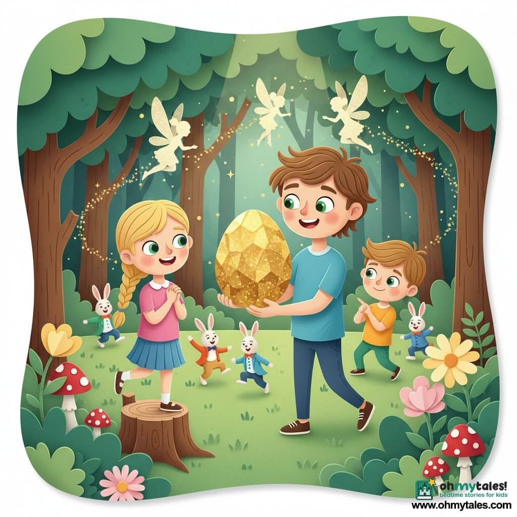 A 10-year-old boy, Max, smiling and amazed with curly brown hair and bright green eyes, delicately holds a large glittering golden egg floating above his palms; a 10-year-old girl, Lily, blond in a braid with a joyful, curious face, stands to Max's left on a small stump with hands clasped watching the egg; a younger boy, Timmy, about 6, light brown hair, shy yet proud, points at the egg from the right slightly behind Max; three small glowing fairies with delicate silhouettes and translucent wings circle them leaving trails of golden sparkles; in the background, a group of anthropomorphic rabbits in colorful suits and bow ties dance on a grassy clearing; the setting is an enchanted forest clearing with emerald paper-cut leaves, oversized pastel flowers, red mushrooms with white spots, and golden sunbeams filtering through branches; the scene portrays the magical discovery of a floating egg releasing fairies in a festive, warm atmosphere with vivid colors, strong contrasts, layered paper textures, soft shadows and clear outlines.