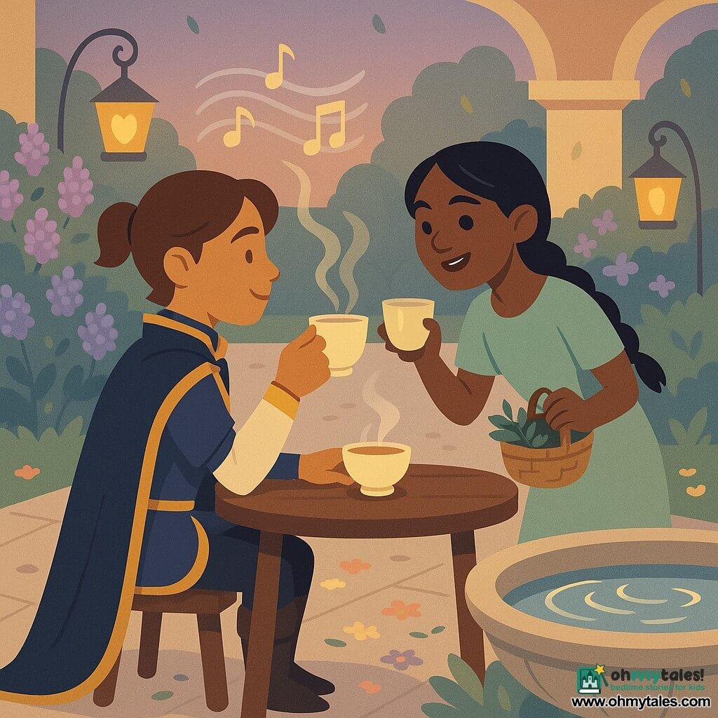 A young prince (about 14) with a serene smile, short tied brown hair and a midnight-blue cloak trimmed in gold, sits at a small wooden table holding a steaming cup of herbal tea with a gentle, attentive posture; to his right, Mira (about 13) with a mischievous yet tender expression, black braided hair and a simple mint-green dress, leans toward him holding a small basket of herbs and raising her own cup; to the left, a singing mirror-fountain — round stone basin with clear, silver-reflecting water and gentle ripples — emits luminous waves and stylized musical notes; around them a palace garden with a light paved path, blooming lilac bushes, warm yellow hanging lanterns and scattered petals forming a decorative trail; the scene is an intimate, peaceful moment after an adventure at dusk, warm pastel colors with golden accents, clear silhouettes and clean contours.
