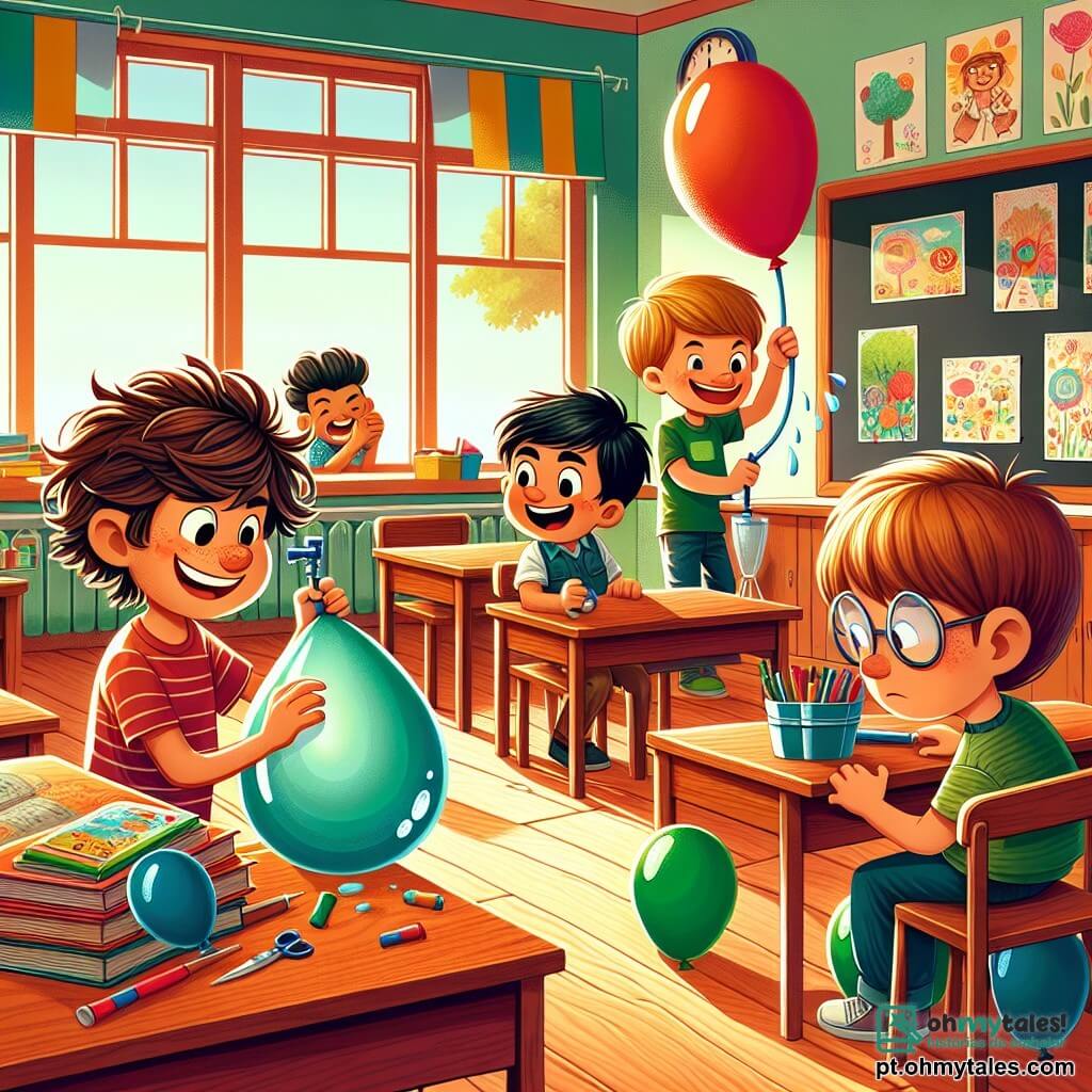Em uma sala de aula colorida, quatro meninos de 9 anos se preparam para fazer uma travessura. Pedro, com cabelo castanho bagunçado e um sorriso travesso, está enchendo um balão d'água perto da mesa do professor. Miguel, de cabelo loiro e usando óculos, ri segurando um balão gigante, sentado ao lado de Pedro. João, com cabelo preto e um boné vermelho, está agachado atrás de uma mesa, pronto para esconder os balões sob a cadeira do professor. Lucas, com cabelo castanho e camiseta verde, observa com uma expressão preocupada, perto da porta, pronto para sair se necessário. A sala é decorada com desenhos coloridos nas paredes, com mesas de madeira e um quadro negro na frente. A luz do sol entra pelas janelas, iluminando a atmosfera alegre e animada. A cena principal mostra os meninos se preparando para a travessura, com expressões excitadas, enquanto o professor, que ainda não chegou, está prestes a ser surpreendido pelos balões d'água que vão estourar.