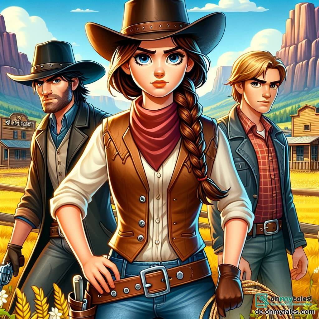Clara McBride, eine etwa 20-jährige Cowgirl, steht im Mittelpunkt des Bildes. Sie hat lange braune Haare, die zu einem Zopf geflochten sind, trägt einen Cowboyhut und eine Lederweste, und ihr Gesicht zeigt entschlossenen Mut. Sie schwingt ein Lasso und ist bereit, ihre Stadt zu verteidigen. Neben ihr beobachtet Jack, ein mysteriöser Mann von etwa 30 Jahren mit einem breiten schwarzen Hut und einem Drei-Tage-Bart, aufmerksam den Horizont. Er trägt ein kariertes Hemd und Jeans und steht leicht im Hintergrund, bereit einzugreifen. Im Hintergrund steht Tom, ein etwa 25-jähriger junger Mann mit zerzausten blonden Haaren und besorgtem Blick, der Clara gegenübersteht. Er trägt eine abgewetzte Jacke und wirkt zögerlich, als würde er mit seinen Entscheidungen kämpfen. Die Szenerie zeigt eine goldene Prärie unter einem strahlend blauen Himmel, mit majestätischen Bergen am Horizont. In der Ferne ist die Stadt Silver Creek mit Holzbauten und einer spürbaren Spannung zu sehen. Die Hauptsituation zeigt Clara und ihre Begleiter, die sich darauf vorbereiten, ihre Stadt gegen eine heranreitende Bande von Banditen zu verteidigen, was eine Atmosphäre von Abenteuer und Mut schafft.