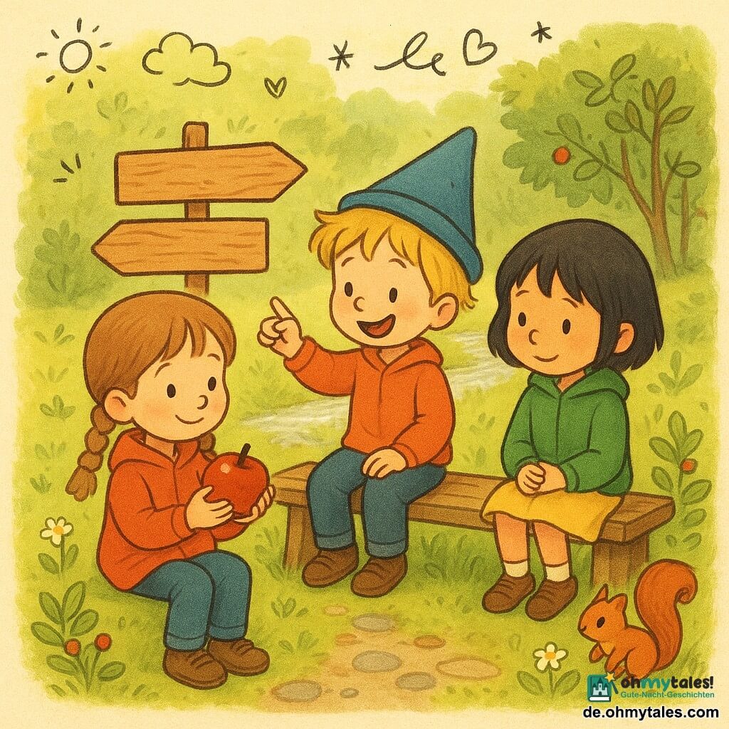 Ein sonniger Waldlichtung: ein etwa 6-jähriges Mädchen, lächelnd aber konzentriert, hellbraune Zöpfe, rote Kapuzenjacke, sitzt mittig auf einer abgenutzten Holzbank, hält einen glänzend roten Apfel und betrachtet ein kleines Holzschild; links ein etwa 6-jähriger Junge (Max) mit zerzaustem blondem Haar und blauem Zipfelhut, lacht, zeigt auf einen Pfad und hebt seinen nassen Hut vom Bankrand; rechts ein etwa 6-jähriges Mädchen (Mia) mit kurzen schwarzen Haaren und grüner Jacke, schüchtern neugierig, sitzt mit gefalteten Händen und schaut einem entfernten Eichhörnchen nach. Grüne Wiese mit Wildblumen, ein silberner Bach im Hintergrund, bunte Steine als funkelnder Weg, Brombeerbüsche mit roten Beeren und dichte Blätter, goldenes Morgenlicht, warme Atmosphäre, leuchtende Farben, weiche Texturen, illustrativer Kindheitsstil mit runden Linien und kleinen Doodle-Elementen (Wölkchen, Sterne, Pfeile).