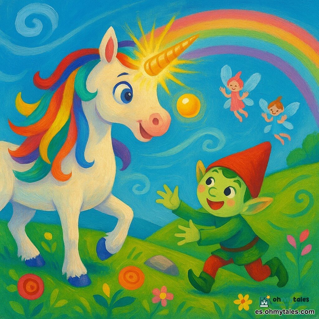 Luna, una unicornio hembra de pelaje blanco nacarado, crin arcoíris y un cuerno dorado brillante, mira una pequeña esfera dorada que flota ante su hocico; el duendecillo Tito, niño de unos seis años de piel verde pálida y gorro rojo, se está incorporando tras tropezar con una piedra y extiende las manos hacia la esfera; detrás a la derecha, varias pequeñas hadas femeninas brillantes con alas translúcidas azul y rosa aplauden sonriendo, mientras una colina risueña de hierba verde y flores multicolores gira bajo un cielo azul con un arcoíris suave, mostrando el instante mágico en que el cuerno ilumina la esfera en el cómico tropiezo de Tito, en una escena cálida, colorida y llena de movimiento.