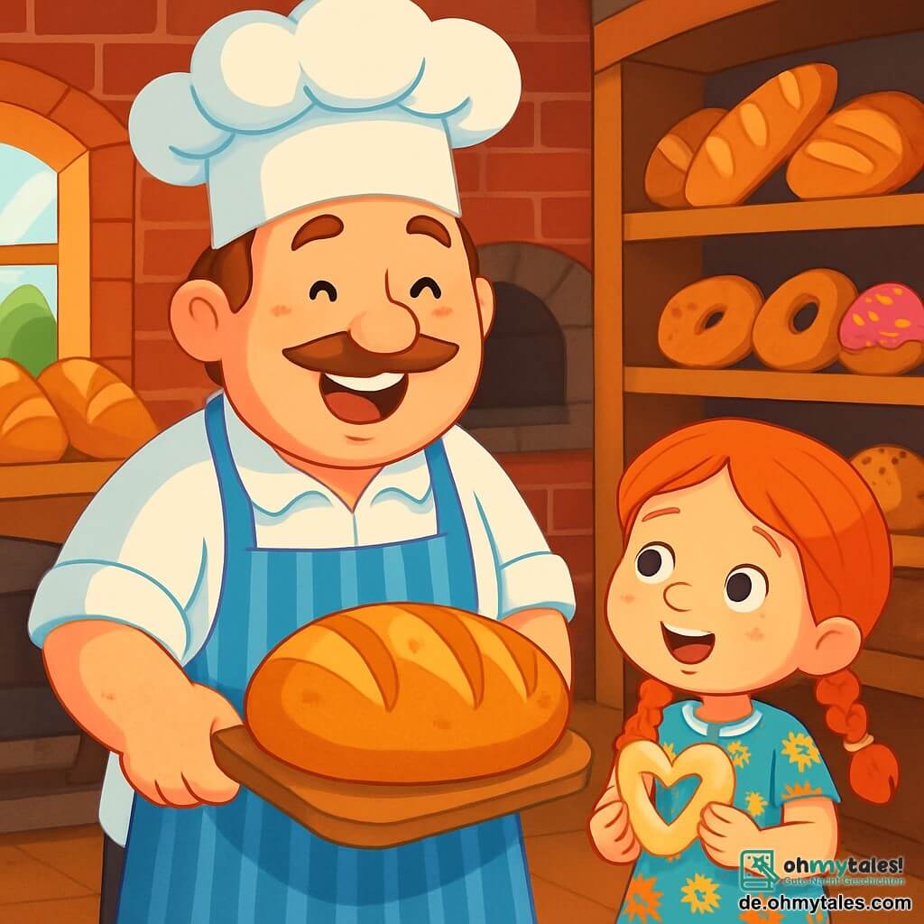 Ein fröhlicher Mann namens Herr Bäcker Brötchen steht im Zentrum seiner Bäckerei. Er trägt eine große weiße Mütze und eine gestreifte Schürze, mit leicht bemehlten Händen. Sein Gesicht strahlt mit einem breiten Lächeln, seine Augen funkeln vor Freude, während er ein goldbraunes, knuspriges Brot aus dem Ofen holt. Neben ihm steht ein 7-jähriges Mädchen, Emma, mit roten Zöpfen, das staunend zusieht. Sie trägt ein Blumenkleid und hat Mehl auf der Nase, während sie ein aus Teig geformtes Herz in der Hand hält. Die Bäckerei ist warm und einladend, mit roten Backsteinmauern, Holzregalen voller bunter Brote und Gebäck sowie sanftem Licht, das durch die Fenster strömt. Die Szene zeigt Herr Bäcker Brötchen und Emma, die einen Moment der Freude teilen, umgeben vom köstlichen Aroma frischen Brotes, während sie lachen und Spaß haben beim gemeinsamen Kreieren von Süßigkeiten.