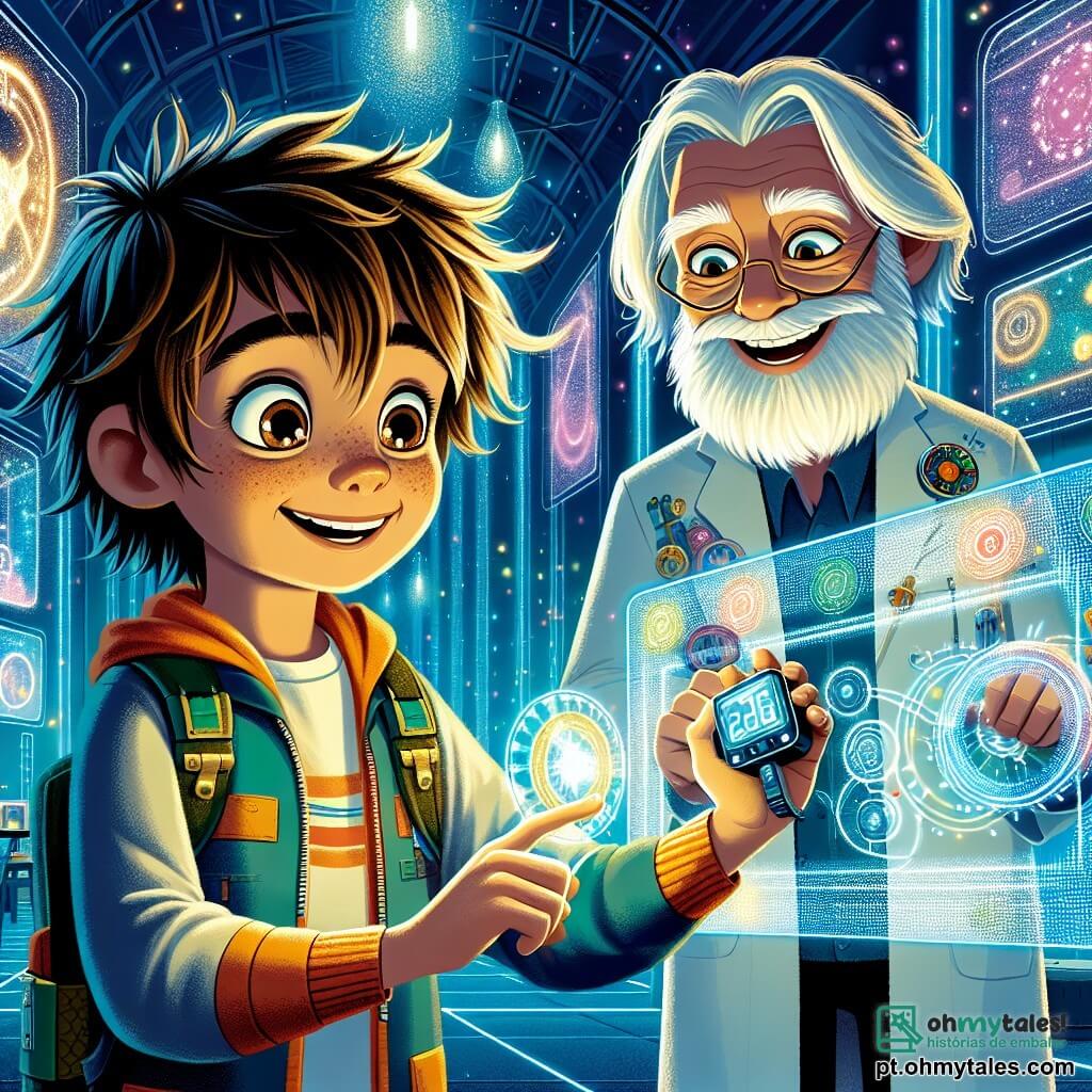 Um garoto de 8 anos, Leo, com cabelos castanhos bagunçados e olhos brilhantes de curiosidade, está no centro da cena, segurando um pequeno dispositivo prateado chamado Explorador Estelar. Ele tem um grande sorriso no rosto, transbordando de excitação e admiração. Ao lado dele, o famoso inventor, Senhor Brilho, um homem idoso com cabelos brancos e uma longa barba bem cuidada, usa um jaleco colorido. Ele observa Leo com benevolência, um sorriso caloroso nos lábios, enquanto aponta para um painel luminoso que explica o funcionamento da tecnologia. O cenário é o Laboratório da Cidade de Lumínia, um espaço futurista com paredes cintilantes que mudam de cor, repleto de telas holográficas e invenções flutuantes. Luzes brilhantes e máquinas zumbidoras criam uma atmosfera mágica e dinâmica. A situação principal mostra Leo, maravilhado, pronto para pressionar o botão do seu Explorador Estelar, enquanto o Senhor Brilho o encoraja a começar sua missão de exploração pela cidade futurista.