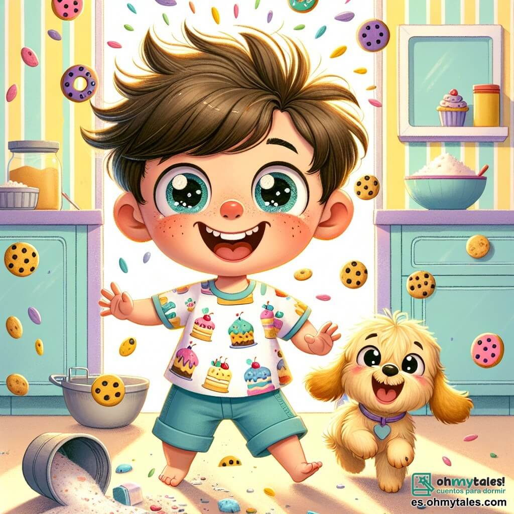 Un niño de 3 años, Tomás, con grandes ojos brillantes y cabello castaño desordenado, está en el centro de la imagen. Lleva una camiseta colorida con dibujos de pasteles y un short azul. Su rostro expresa una alegría desbordante y un toque de travesura mientras intenta atrapar galletas voladoras que flotan a su alrededor, riendo a carcajadas. A su lado, su perro, Rayo, un pequeño perro de pelaje dorado y orejas caídas, corre con una gran sonrisa, con una galleta pegada a su nariz. La escena tiene lugar en una cocina soleada, con paredes pintadas de amarillo pastel y ingredientes esparcidos por la encimera: harina, azúcar y colorantes, mientras el horno está abierto, dejando escapar galletas coloridas que saltan alegremente. Tomás ríe y corre tras las galletas que vuelan, creando una atmósfera de fiesta y magia, donde la imaginación y el placer se encuentran en un alegre desorden.