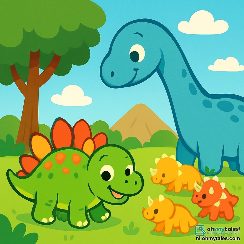 Een kleine stegosaurus genaamd Stego, met een groene huid en kleurrijke platen op zijn rug, staat vrolijk onder een grote boom. Zijn ogen stralen van opwinding en hij glimlacht, zijn kleine tanden zichtbaar. Dichtbij leunt een grote diplodocus met een lange nek, met lichtblauwe schubben, vriendelijk naar hem te kijken. Een groep triceratops met majestueuze hoorns speelt in het gras, hun levendige kleuren voegen vreugde toe aan de scène. Op de achtergrond tekenen zich zachte bergen af onder een stralende blauwe lucht, bezaaid met donzige witte wolken. Stego, met een nieuwsgierige blik, zoekt zijn weg naar huis, omringd door zijn dinosaurussen vrienden in dit weelderige en zonnige prehistorische landschap.