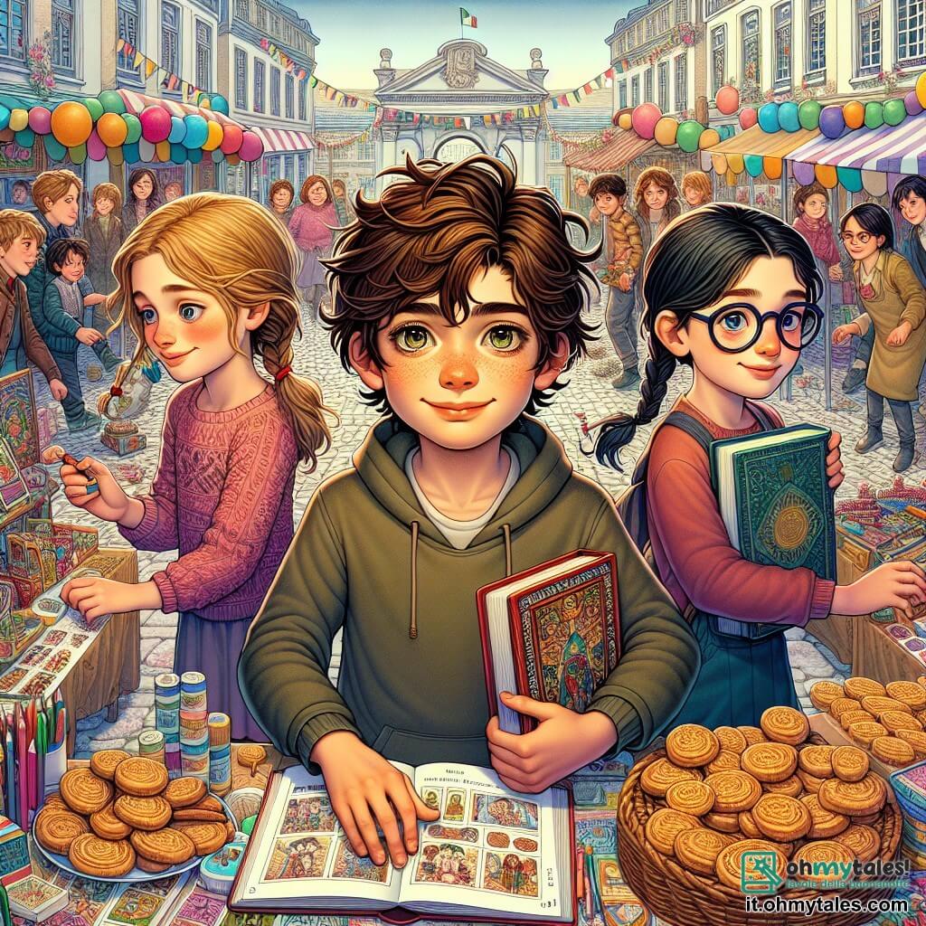 Un ragazzo di 11 anni, Marco, con capelli castani disordinati e occhi brillanti di determinazione, si trova al centro della scena, sorridendo mentre tiene libri e giocattoli per un mercatino di beneficenza. Indossa una maglietta colorata e pantaloni corti, mostrando il suo entusiasmo e la volontà di aiutare gli altri. Accanto a lui, Beatrice, una ragazza di 11 anni con capelli biondi intrecciati, presenta braccialetti colorati che ha realizzato, con un grande sorriso. Poco più in là, Matteo, un ragazzo di 12 anni con capelli neri e occhiali, è impegnato a vendere biscotti, con le mani piene di farina e uno sguardo concentrato. La scena si svolge in una piccola piazza animata della scuola, decorata con palloncini colorati e striscioni, dove famiglie e bambini si radunano attorno ai banchetti, creando un'atmosfera gioiosa e conviviale. La situazione principale mostra Marco e i suoi amici che organizzano un mercatino di beneficenza, vendendo oggetti per raccogliere fondi per aiutare le famiglie bisognose, illustrando la loro solidarietà e impegno verso la comunità.