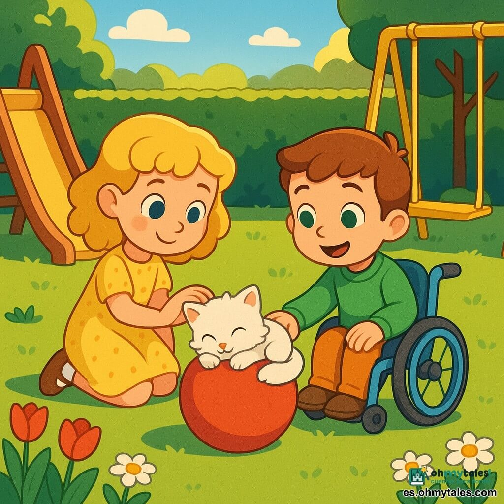 Tres personajes: Ana, niña de 7 años, pelo rubio rizado, ojos azul cielo, vestido amarillo con lunares, arrodillada a la izquierda de la pelota roja, con la mano extendida hacia el gatito; Leo, niño de 7 años, pelo castaño corto, suéter verde, sentado en una pequeña silla de ruedas azul a la derecha de la pelota, sonriendo y con la mano cerca de la pelota; el gatito, pequeño gato blanco de ojos azules y pelaje esponjoso, dormido acurrucado sobre la pelota roja en el centro. Lugar: parque soleado con césped verde, un seto recortado al fondo, flores (tulipanes rojos y margaritas blancas), tobogán de madera a la izquierda y columpio metálico amarillo a la derecha, luz suave de la tarde. Situación: escena tranquila y tierna, colores vivos, Ana y Leo esperan y sonríen mientras el gatito duerme en la pelota.