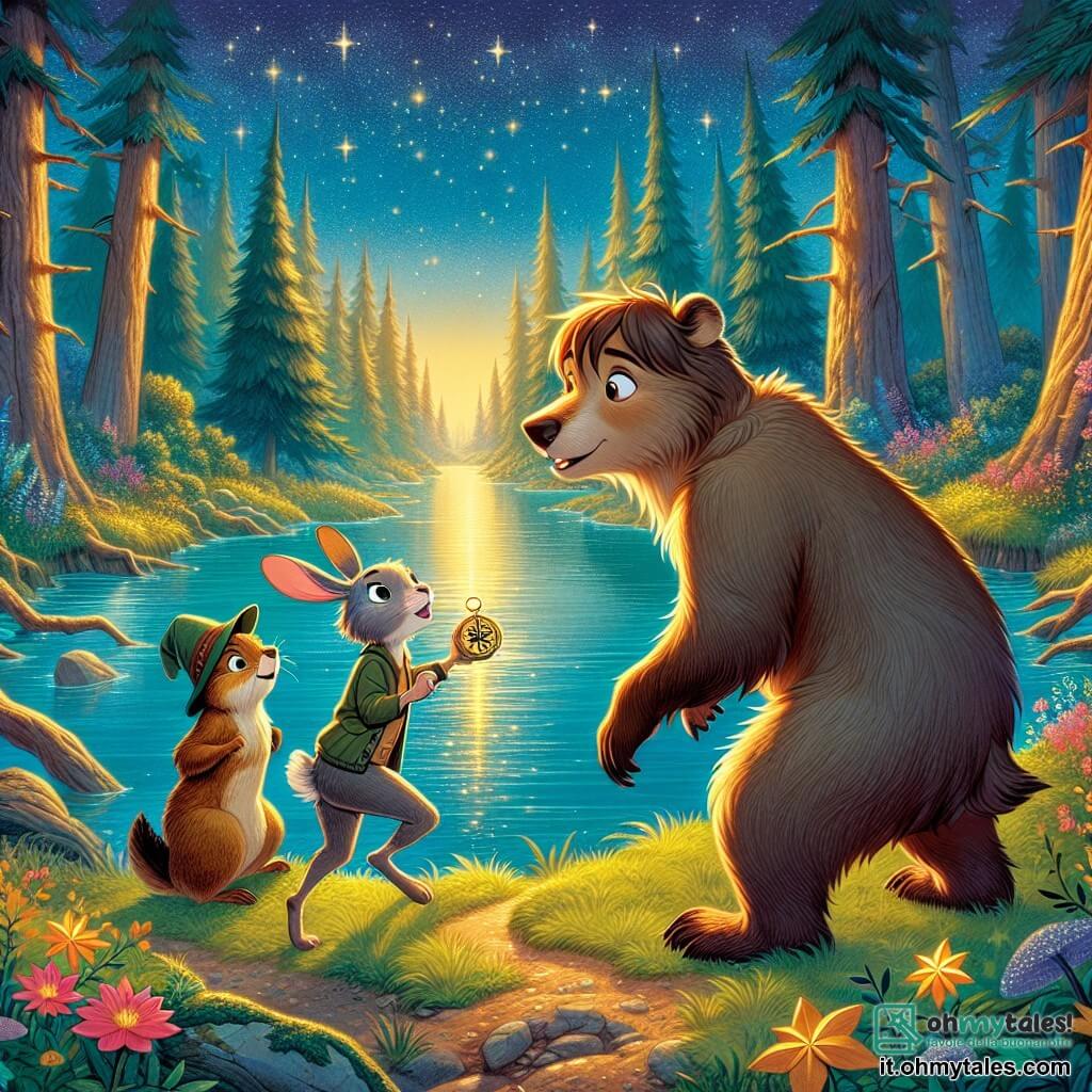 Un giovane orso bruno di nome Tobia, con grandi occhi curiosi e un pelo morbido, si trova in riva a un lago incantato, con un sorriso meravigliato sul volto. Tiene una bussola brillante tra le zampe, osservando la luce dorata che si riflette sull'acqua. Accanto a lui, una lepre agile di nome Lina, con pelo beige e lunghe orecchie, salta gioiosamente, i suoi occhi brillano di eccitazione mentre indica il lago, come se avesse scoperto un tesoro nascosto. Un castoro robusto di nome Arlo, con pelo marrone e denti sporgenti, è leggermente in disparte, con le zampe incrociate sul petto, mostrando un'espressione di orgoglio per aver aiutato a costruire un ponte. Il paesaggio è una foresta magica, con alberi giganti dai tronchi nodosi, fiori colorati che danzano al vento e un cielo blu profondo punteggiato di stelle scintillanti, anche in pieno giorno. La scena rappresenta Tobia, Lina e Arlo che scoprono insieme il cuore di Eldoria, un momento di gioia e amicizia, mentre si preparano a tuffarsi in una nuova avventura.