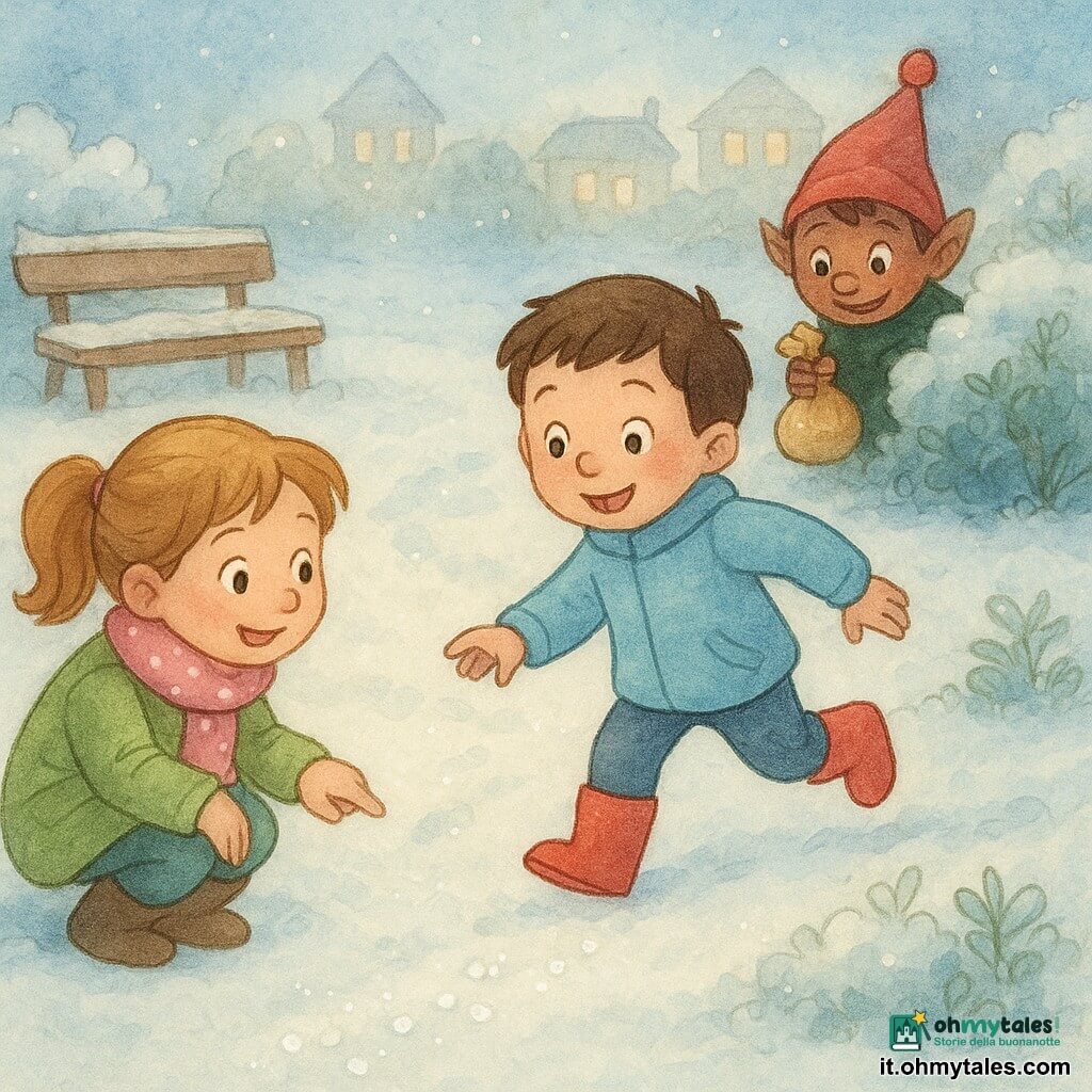 Ci sono tre personaggi: un bambino di 6 anni, Marco, capelli castani corti, guance rosate, cappotto azzurro e stivali di gomma rossi, corre verso destra indicando un sacchetto di biscotti a terra; una bambina di 6 anni, Giulia, capelli castano chiaro raccolti, sciarpa rosa a pois e cappotto verde pistacchio, è accovacciata a sinistra di Marco sorridendo e indicando una scia di piccoli cristalli di zucchero nella neve; il Folletto Birichino, alto circa 30 cm, con cappello rosso a punta e mantello verde scuro, occhi vivaci, si nasconde parzialmente dietro un cespuglio innevato reggendo un piccolo sacchetto di biscotti. Ambientazione: giardino di quartiere in inverno con sottile neve e cespugli leggermente ghiacciati, panchina con campanellino dorato e case illuminate sullo sfondo. Situazione: i bambini seguono la traccia di zucchero che conduce al sacchetto di biscotti vicino al cespuglio mentre il folletto li osserva birichino.