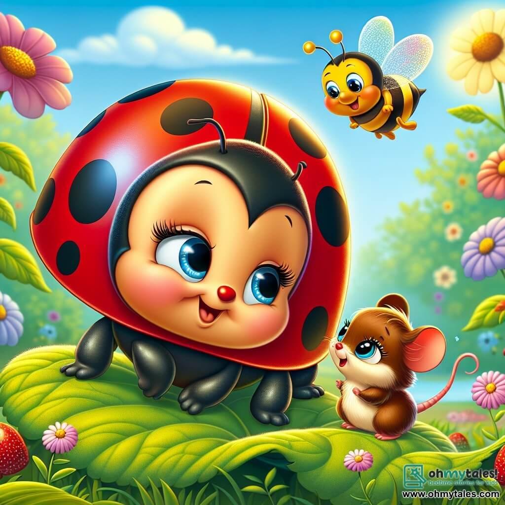 A little ladybug named Lila, with a bright red shell dotted with shiny black spots, stands proudly on a green leaf, her face radiating determination and joy. Her wings are slightly open, ready to take flight. Next to her, a small mouse named Millie, with soft brown fur and sparkling eyes, looks at Lila with admiration, her tiny paws resting on the ground, ready to cheer her on. In the background, a buzzing sound is heard as Benny the bumblebee, with his striped yellow body and translucent wings, flies around them, displaying an enthusiastic smile. The scene takes place in a sunny clearing of the enchanted forest of Whimsy Woods, where colorful flowers dance in the breeze and the sky is a bright blue, dotted with fluffy clouds. In the center of this illustration, Lila helps Millie, who is stuck under a twig, while Benny watches them impatiently, ready to support them in this adventure.