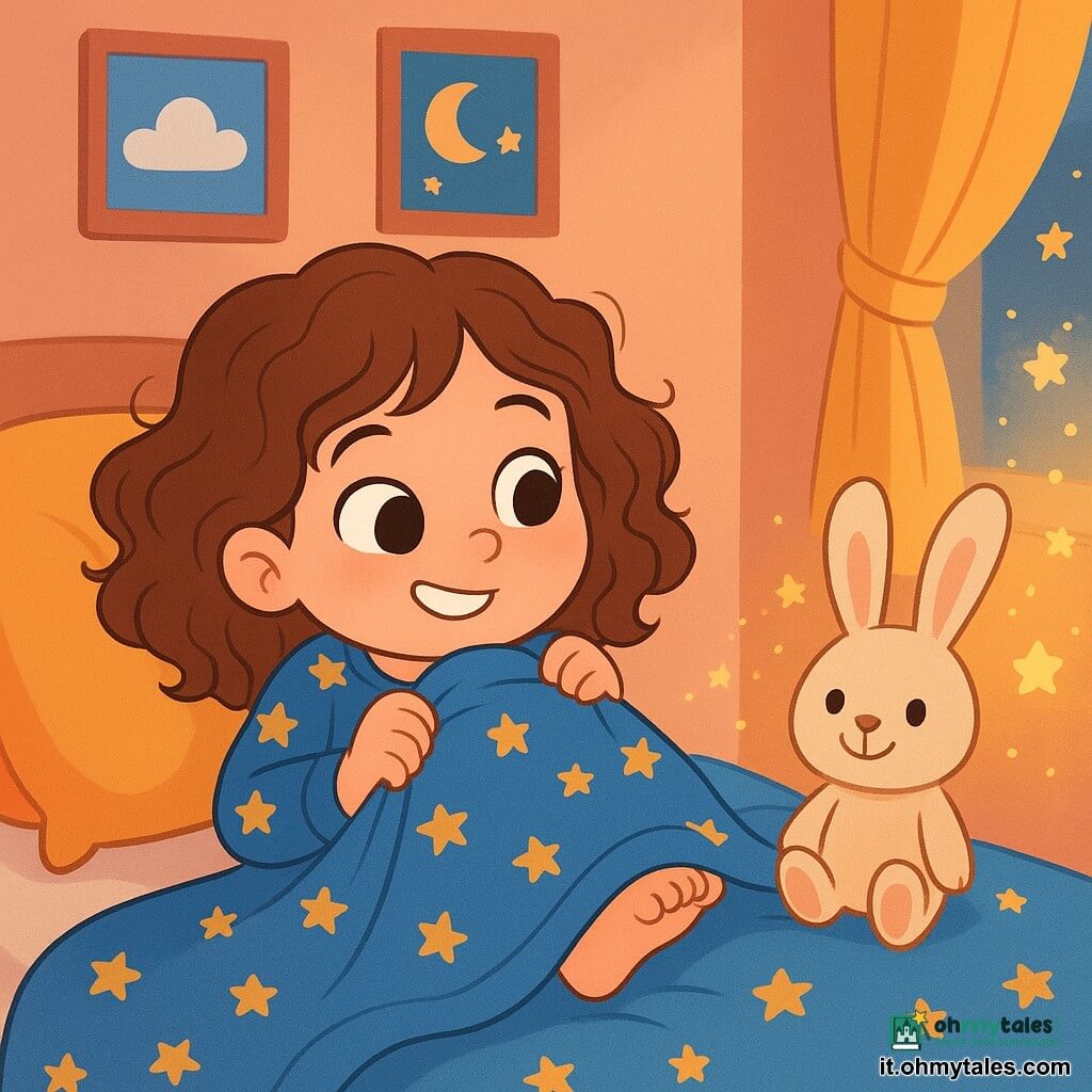 Una bambina di 4 anni, con grandi occhi scintillanti e capelli ricci, indossa un pigiama blu con stelle dorate. È sdraiata sul letto, con un sorriso furbo sul volto, mentre nasconde il piede sotto le coperte per sfuggire al sonno. Accanto a lei, un adorabile coniglietto di peluche, con lunghe orecchie morbide e un viso sorridente, sembra pronto a giocare. La stanza è accogliente, decorata con pareti pastello, poster di nuvole e lune brillanti. Sul letto, cuscini colorati sono sparsi, e una dolce luce dorata filtra attraverso le tende. La bambina finge di essere un sasso, ma non riesce a trattenere le risate mentre cerca di restare sveglia, mentre il sonno, rappresentato da una nuvola di piccole stelle scintillanti, si avvicina dolcemente a lei.