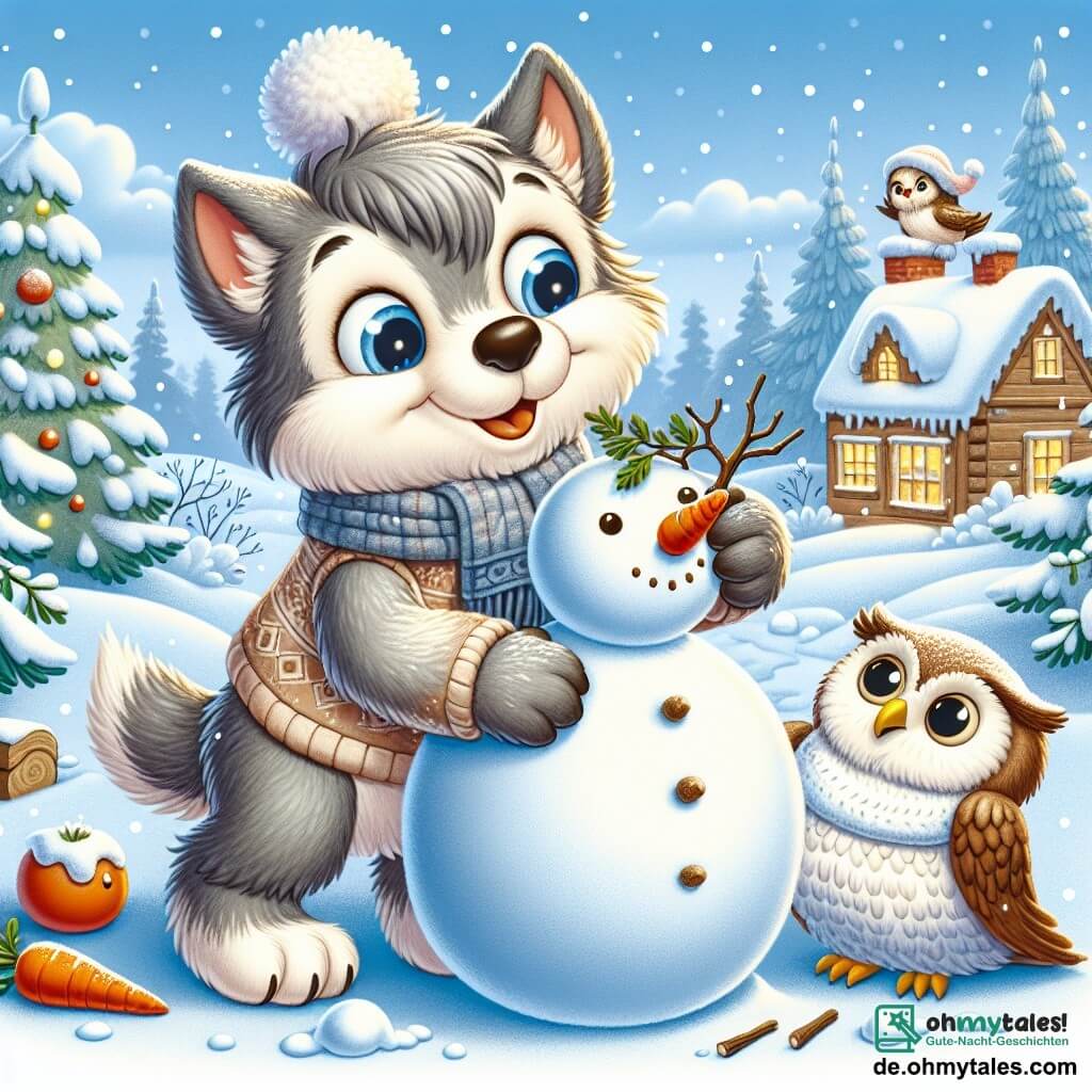 Ein kleiner Wolf mit funkelnden Augen und weichem, grauem Fell, der mit einem erstaunten Lächeln einen großen Schneemann in einer winterlichen Landschaft baut. Er verwendet eine Karotte für die Nase und Äste für die Arme, sein Gesicht strahlt vor Freude. In der Nähe beobachtet eine weise und elegante Eule mit braunem und weißem Gefieder, die auf einem Ast sitzt, die Szene mit einem wohlwollenden Blick und einem leichten Lächeln, während sie ein offenes Buch auf ihrem Schoß hält. Der Ort ist ein charmantes verschneites Dorf mit schneebedeckten Dächern, geschmückten Tannen und sanft fallenden Schneeflocken vom hellblauen Himmel. Die Hauptsituation zeigt den kleinen Wolf, der fröhlich den Schnee formt, umgeben von Lachen und winterlicher Magie, während die Eule auf ihn aufpasst, bereit, ihre Weisheit über den Winter zu teilen.