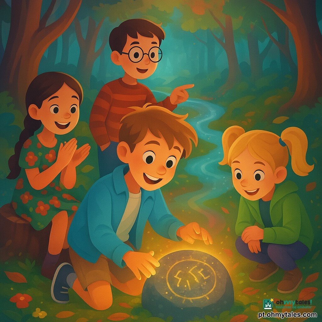 Léo, menino de 10 anos, encantado e risonho, cabelo castanho-claro despenteado, olhos verdes grandes, veste jaqueta azul-claro e short bege, toca uma pedra gravada que cintila, curvado com dedos luminosos; Emília, menina de ~10 anos, entusiasmada e sorridente, cabelo castanho em trança, vestido floral, sentada num toco à esquerda, aplaude suavemente; Tomás, cerca de 11 anos, sonhador e contente, óculos redondos, suéter listrado, em pé atrás de Léo apontando para o riacho brilhante; Júlia, ~10 anos, travessa e curiosa, cabelo loiro em maria-chiquinha, jaqueta verde, agachada junto a folhas rodopiantes, olhos nas faíscas; Local: trilha estreita entre troncos retorcidos e um riacho prateado, chão coberto de folhas coloridas, flores fosforescentes e musgo; Pedra: redonda e cinzenta com inscrição antiga, fissuras luminosas, halo dourado e runas pulsantes; Cena: momento mágico com o caminho iluminando em ondas coloridas, folhas como risos e vento em fitas translúcidas, crianças reunidas em torno da pedra, atmosfera divertida e encantada.