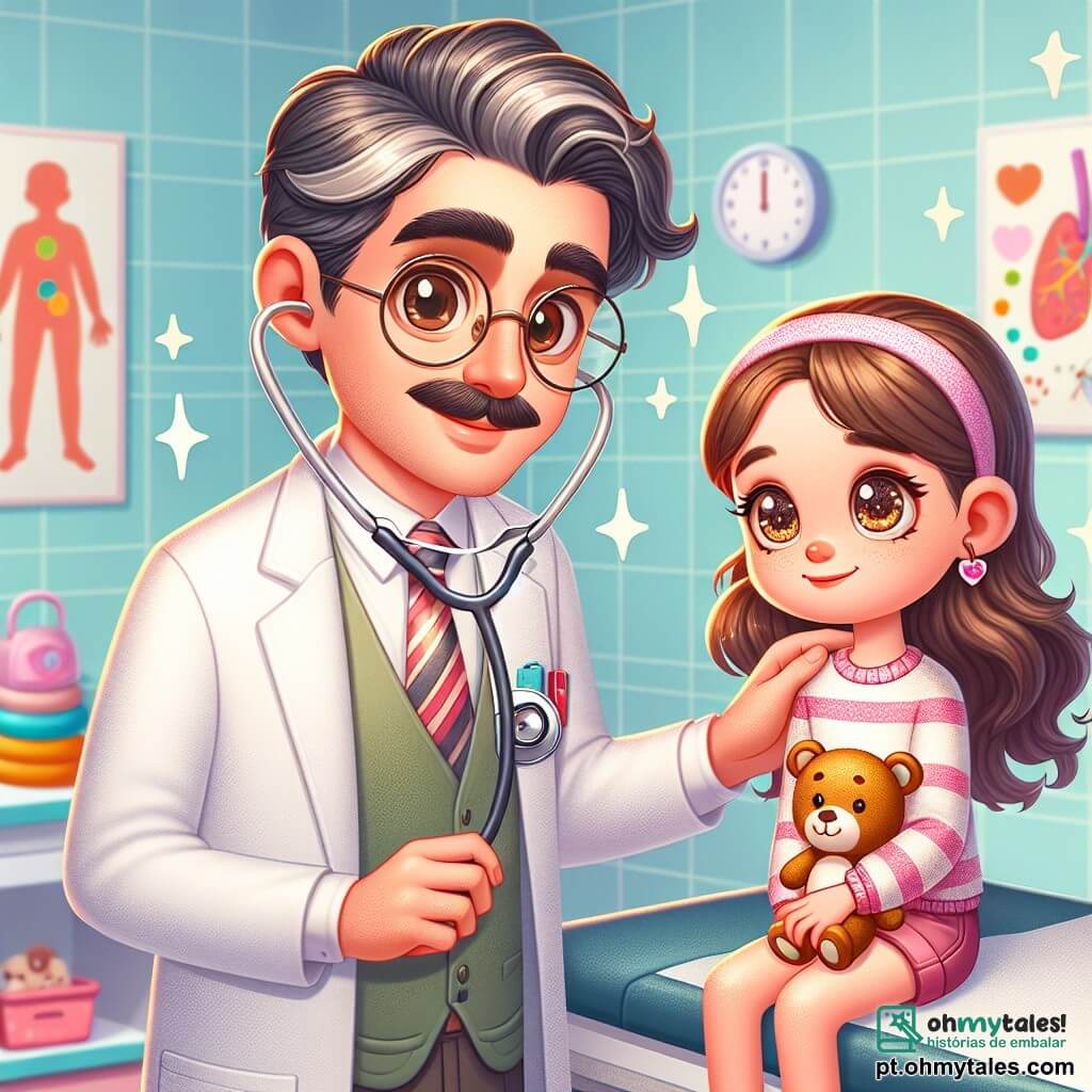 O personagem principal, o doutor Pedro, é um homem na casa dos quarenta anos, com cabelos castanhos levemente ondulados e óculos redondos. Ele usa um jaleco branco brilhante e um estetoscópio ao redor do pescoço, exibindo um sorriso caloroso e tranquilizador. Ele está examinando uma menina chamada Ana, que tem cerca de 8 anos, com cabelos longos e castanhos e olhos brilhantes, sentada em uma mesa de exame. Ana, um pouco nervosa, olha para o doutor com curiosidade, segurando um pequeno urso de pelúcia nos braços. A cena ocorre em uma clínica iluminada e acolhedora, com paredes pintadas em cores pastel, cartazes educativos sobre saúde e brinquedos espalhados pelo chão. Um canto da sala é decorado com desenhos de crianças pendurados na parede, acrescentando um toque alegre ao ambiente. A situação principal mostra o doutor Pedro tranquilizando Ana, explicando suavemente que vai examiná-la para entender por que sua barriga dói, enquanto conta uma piada engraçada para relaxá-la.