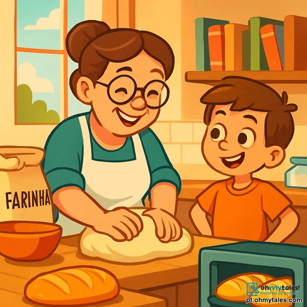 Uma mulher sorridente, Dona Clara, com cabelo castanho preso em um coque e um grande sorriso caloroso, está amassando uma massa de pão em uma cozinha iluminada. Ela usa um avental branco e óculos redondos, e seu rosto irradia alegria e concentração. Ao lado dela, um garoto de dez anos, Pedro, com cabelo castanho e olhos brilhantes, observa com admiração, com as mãos na cintura, pronto para aprender. A cozinha está cheia de sacos de farinha, potes de ingredientes coloridos e pães dourados saindo do forno, criando uma atmosfera acolhedora e apetitosa. A luz da manhã entra pela janela, iluminando as prateleiras de madeira carregadas de livros de receitas. Dona Clara e Pedro conversam alegremente sobre os diferentes tipos de pães que poderiam criar juntos, cercados por um doce aroma de pão quente que preenche o ar.