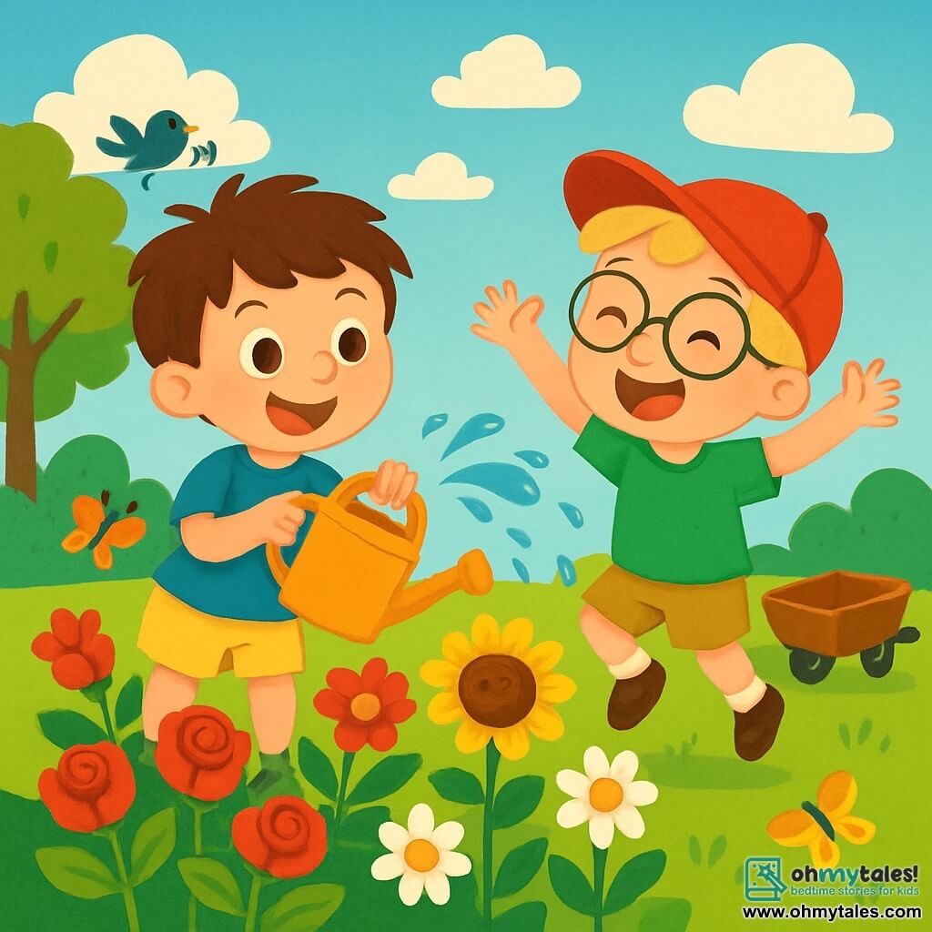 There are two main characters: Noah, a 6-year-old boy with messy brown hair and sparkling eyes, wearing a blue t-shirt and yellow shorts, holding a plastic watering can and smiling joyfully; and Max, a 5-year-old boy with blonde hair and round glasses, wearing a red cap and green t-shirt, jumping on the grass, ready to water the flowers. The setting is a sunny garden filled with colorful flowers: red roses, yellow sunflowers, and white daisies, under a blue sky with fluffy clouds and butterflies flying around. The grass is green and well-mowed, with a small wooden wheelbarrow beside the boys. The main scene shows Noah and Max happily watering the flowers, splashing some water around while birds sing in the trees.