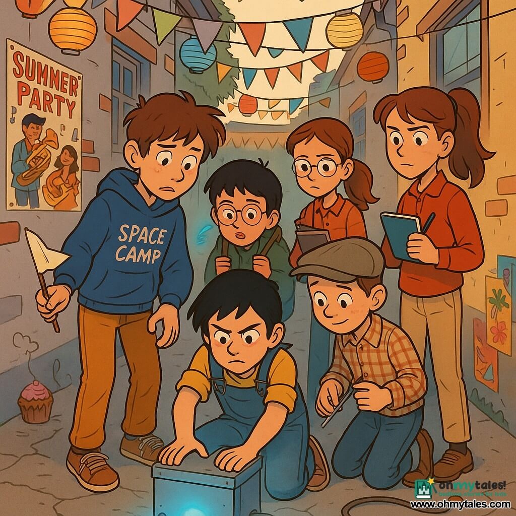 Five children around a small metal box labeled "DO NOT PRESS" that emits a faint bluish circular glow beginning to form a portal in a narrow alley between two houses decorated with colorful lantern garlands and 1960s banners; cracked concrete ground with party posters on the wall and a picnic table with paper cups and cupcakes lit warmly in the distance, contrasting the pale mysterious light near the box. Milo, 12, messy brown hair, blue "SPACE CAMP" hoodie, holds a slightly crumpled paper flag in his right hand and looks at the box with guilt, center-left. Zara, 12, short black hair, grease-stained overalls, hands already on the metal box, focused and determined, center front. Jun, 12, straight black hair, round glasses, green jacket, backpack in hand, anxiously watching the emerging light, left slightly behind Milo. Tessa, 12, chestnut ponytail, notebook and pen, serious and protective, stands right of Milo ready to enforce rules. Eddie, about 10, flat cap and plaid shirt, twirling a small screwdriver and looking at the others with a mix of guilt and admiration, slightly behind on the right. The children form a semicircle around the box, tense with urgency, guilt and resolve; clear style, bright colors, clean lines, light playful humor suitable for 12-year-olds, cupcake wax and crumbs stuck to a nearby cable hint at a comic sabotage.