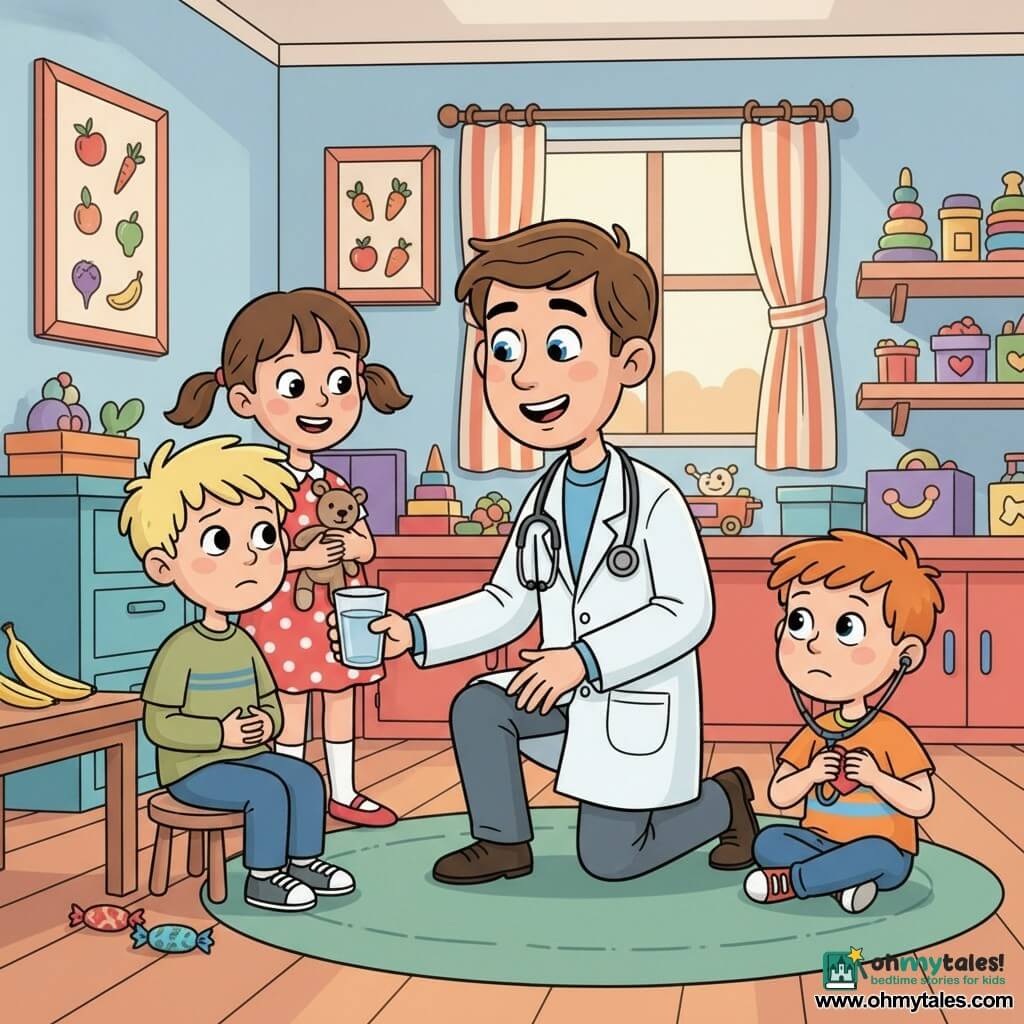 A kind smiling male doctor with short brown hair and bright blue eyes, wearing a clean white coat and a silver stethoscope, kneels and offers a glass of water to a worried pale 7-year-old boy (Max) with tousled blond hair sitting on a small stool, while a 6-year-old girl (Lily) with brown pigtails and a polka-dot dress stands behind him holding a stuffed toy and smiling, and a 5-year-old redheaded boy (Timmy) sits on the floor mimicking a heartbeat with a toy stethoscope; the small clinic is warm and colorful with pale blue and peach walls, fruit-and-vegetable posters, a round green rug, toy-filled shelves, and soft light from a striped-curtain window, creating a tender, reassuring scene after too many sweets with gentle gestures, a glass of water and a banana on a small table.