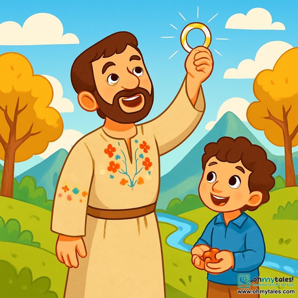 A man named Tahsin, with gentle eyes and a warm smile, stands on a verdant hill, his face radiating emotion and determination. He wears a simple beige linen tunic adorned with colorful floral embroidery. In his hand, he holds a shiny ring that sparkles in the sun as he gazes at the sky with hope. Nearby, a young boy of about eight, with curly hair and sparkling eyes, admires Tahsin. He wears a blue shirt and canvas pants, holding a handful of seeds in his small hands, ready to plant them. The setting is an enchanted valley surrounded by majestic mountains, with trees having golden leaves dancing in the wind. A bright blue sky is dotted with fluffy white clouds, and a sparkling stream winds through the landscape, adding a touch of magic. The main scene shows Tahsin raising the ring to the sky, ready to unleash the song of the winds, while the enthusiastic boy prepares to plant the seeds, symbolizing hope and renewal.