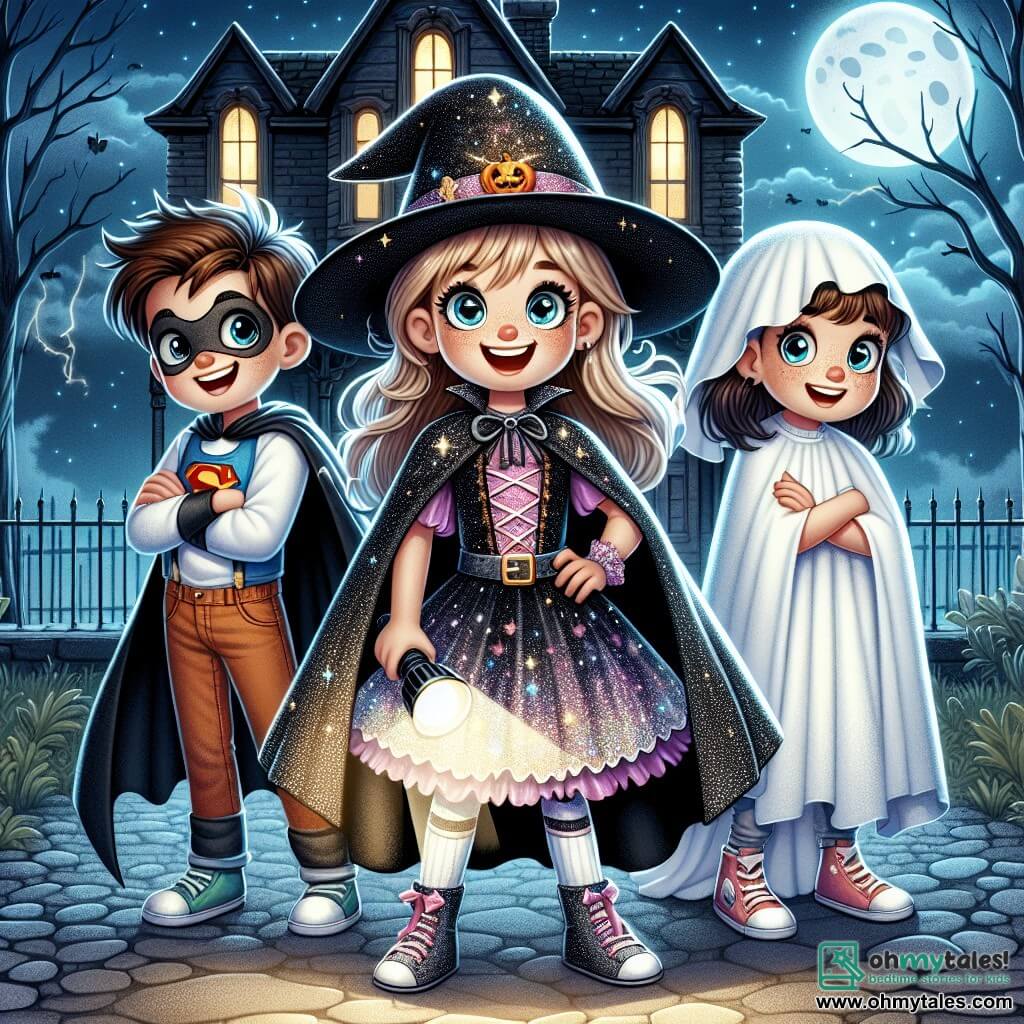 A 10-year-old girl named Lily stands in the center of the image, wearing a sparkling witch costume with a glittery pointed hat. Her face radiates excitement and curiosity, her eyes shining with adventure as she holds a flashlight illuminating her path. To her right, Jake, a 10-year-old boy, is dressed as a superhero with a flowing cape, sporting a bold smile. He stands ready for adventure, arms crossed, exuding courage. To the left, Mia, another 10-year-old girl, wears a fun ghost costume with a white sheet and sparkling eyes. She looks at Lily with enthusiasm, hands on her hips, ready to explore. The scene is set in front of the dark and mysterious McFadden house, with broken windows and cobwebs in the corners. The moon shines high in the sky, casting a silver light on the gravel path leading to the creaky door of the house. The main situation shows Lily, Jake, and Mia gathered in front of the house door, preparing to enter the darkness, their faces illuminated by the flashlight, filled with excitement and a hint of fear, ready to uncover the mysteries that await them inside.
