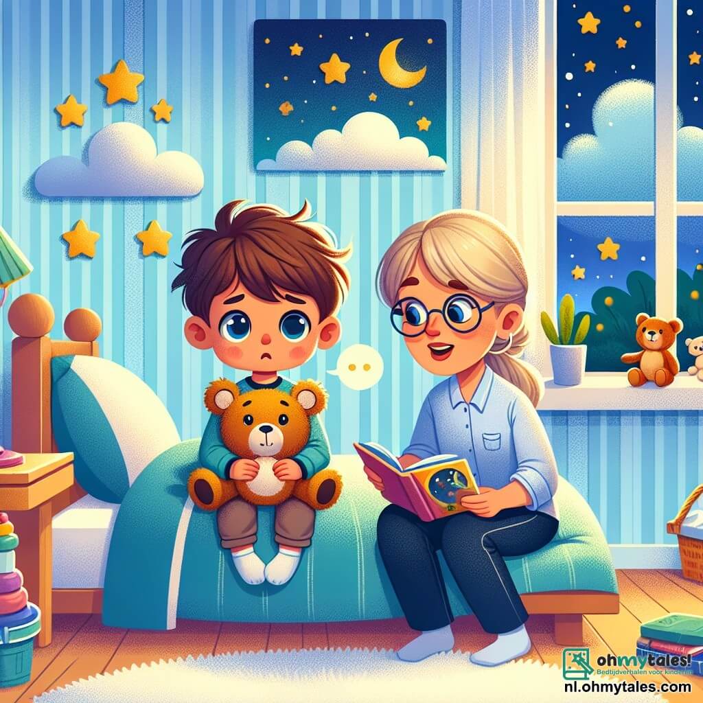 Een 6-jarig jongetje, Daan, met rommelig bruin haar en grote nieuwsgierige ogen, zit op zijn bed. Hij heeft een bezorgde maar vastberaden uitdrukking en houdt stevig zijn knuffelbeer, Max, vast, die zacht en pluizig is met een troostende glimlach. Naast hem staat zijn juf, juf Ellen, een glimlachende vrouw van ongeveer 30 jaar met blond haar en ronde brillen, die hem aanmoedigt terwijl ze een kleurrijk boek over de nacht laat zien. De scène speelt zich af in een warme kinderkamer met lichtblauwe muren, gouden sterren op het plafond en een raam dat zacht maanlicht binnenlaat. Speelgoed ligt verspreid over de vloer en een zacht tapijt ligt in het midden van de kamer. Daan luistert aandachtig naar juf Ellen, die hem vertelt over de magie van het donker en de verhalen die in de duisternis verborgen zijn, terwijl zachte schaduwen om hen heen dansen en een mysterieuze maar geruststellende sfeer creëren.
