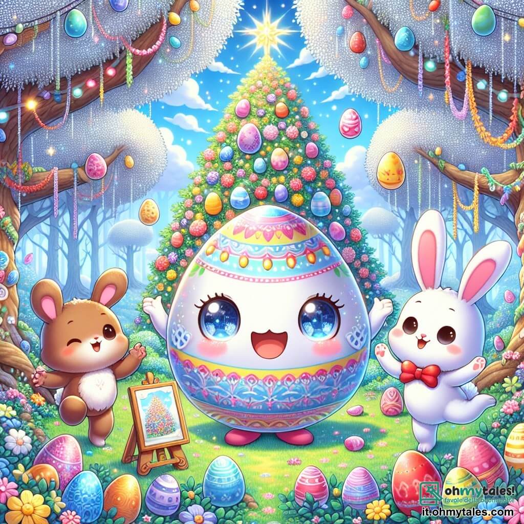 Eggy, un uovo di Pasqua colorato con occhi scintillanti e un grande sorriso, si trova al centro della scena, con le braccia aperte con entusiasmo, circondato da colori vivaci e fiori brillanti. Alla sua destra, un piccolo coniglio bianco con grandi orecchie e un papillon rosso salta gioiosamente, con gli occhi brillanti di felicità mentre tiene una piccola pittura tra le zampe. A sinistra, un altro coniglio, marrone con macchie bianche, guarda Eggy con ammirazione, le guance rosa tradiscono la sua eccitazione. La scena si svolge nella Valle dei Sogni, un luogo incantevole con alberi dalle foglie argentate scintillanti, un cielo blu chiaro punteggiato di nuvole a forma di caramelle, e un grande albero di Pasqua al centro, decorato con uova colorate e ghirlande luminose. Eggy e i suoi amici conigli celebrano la magia di Pasqua, ridendo e giocando insieme sotto l'albero, mentre uova colorate sono sparse intorno a loro, creando un'atmosfera gioiosa e festosa.