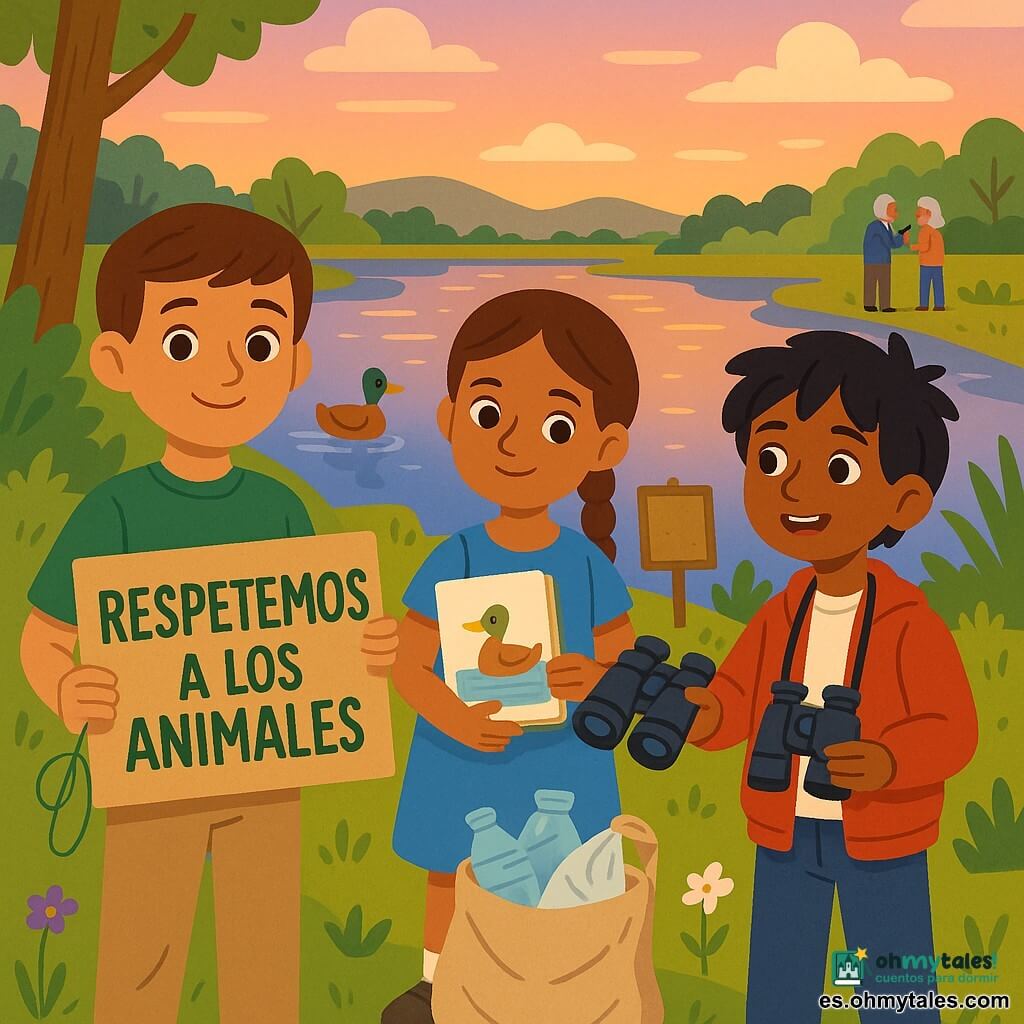 Hay tres niños: un niño de unos 10 años con pelo castaño corto, camiseta verde y pantalón beige, sosteniendo un cartel plegado que dice "RESPETEMOS A LOS ANIMALES", a la izquierda en primer plano, mirada calmada y sonrisa tímida; una niña de unos 10 años con trenza, vestido azul claro y cuaderno mostrando un dibujo de un pato, al centro, atenta; un niño de unos 11 años con pelo negro revuelto, chaqueta roja y grandes binoculares al cuello, a la derecha y un poco atrás, ofreciendo los binoculares a dos personas mayores. Lugar: orilla de un lago al crepúsculo con agua brillante y reflejos dorados, orilla herbosa con juncos y pequeñas flores, cielo pastel con nubes rosadas y una pancarta de corcho clavada. Situación: los niños explican amablemente a visitantes mayores que no den pan a los patos y muestran el cartel, con acción ecológica visible (bolsa con basura recogida, hilo de pesca enroscado en la mano de un niño), ambiente tranquilo y cálido, colores vivos y estilo vectorial simple.