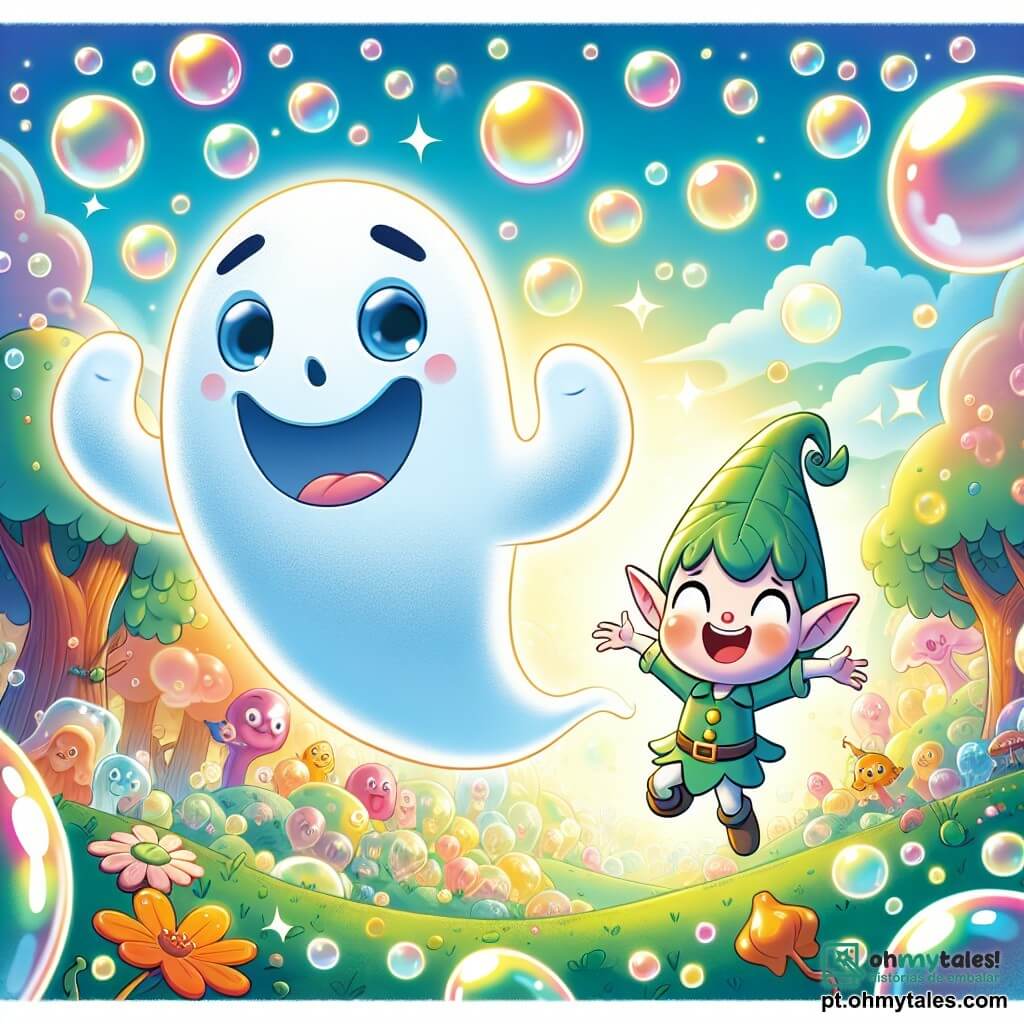 Um fantasma alegre chamado Gasparzinho flutua no ar, com um rosto sorridente e olhos brilhantes de travessura. Ele é translúcido, com contornos suaves e um leve brilho azulado, fazendo caretas enquanto dá piruetas no céu. Ao seu lado, Pipoca, um pequeno duende de 8 anos, com cabelos desgrenhados e orelhas pontudas, usa um chapéu verde em forma de folha. Ele pula de alegria, com os braços levantados e um grande sorriso no rosto, olhando para Gasparzinho com admiração. A cena acontece no Bosque das Bolhas, um lugar mágico onde as árvores são feitas de gelatina colorida e bolhas flutuam no ar, refletindo cores vivas sob um céu ensolarado. Rios de suco de frutas serpenteiam entre as árvores, e flores dançam ao ritmo do vento. Nesta ilustração, Gasparzinho e Pipoca celebram a reencontrada do chapéu mágico de Pipoca, cercados por bolhas cintilantes que criam uma atmosfera alegre e festiva.
