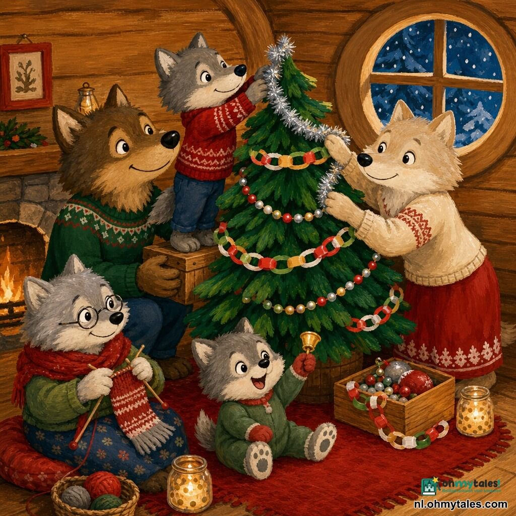 Jonge wolf (antropomorf, zacht grijs vachtje, glanzende ronde ogen) staat op een houten kistje en hangt een zilveren slinger bovenin een kleine groene kerstboom; mama wolf (volwassen, crèmekleurige vacht, tedere blik) houdt de slinger en helpt, papa wolf (volwassen, bruine vacht, rustige glimlach) ondersteunt het kistje en kijkt beschermend; oma wolf (oud, kleine rode sjaal, ronde bril) breit een sjaaltje en kijkt toe, zittend bij het vuur; babywolfje (heel klein, donzig, grote ogen) zwaait lachend met een gouden belletje op de grond; interieur: warme houten hol met lichte houten vloer, rood wollen kleed, kaarsjes in glazen potjes, ronde raam met vallende sneeuwvlokken; scène: gezellige familiesfeer bij het versieren van de kleine dennenboom met papieren slingers, kralen en een zilveren topversiering, warme verlichting en zachte contrasten in rood, groen, zilver en natuurtinten.