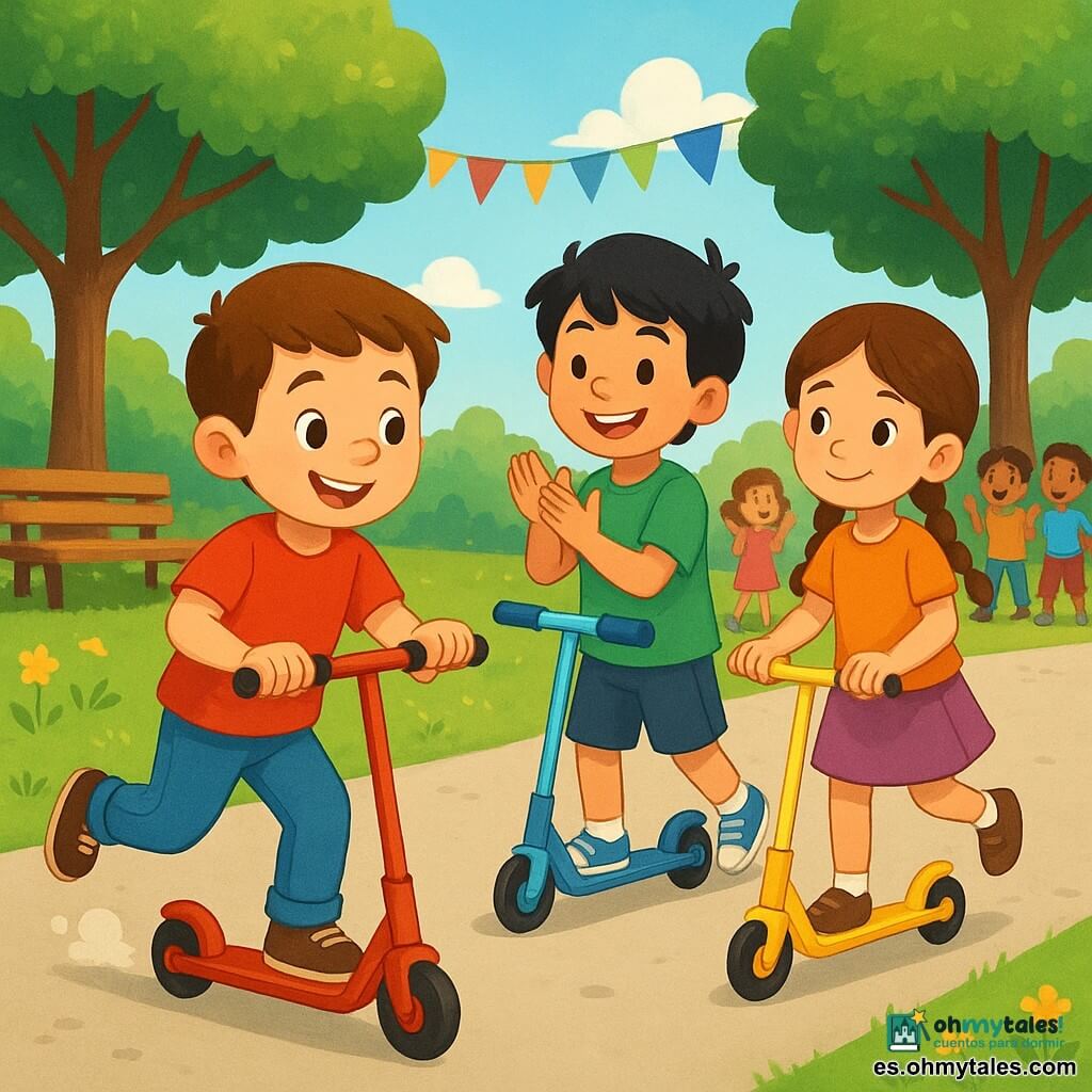 Mateo, 8 años, rostro redondo, pelo castaño corto, ojos brillantes, alegre y concentrado, sostiene un patinete rojo y avanza con seguridad; Lucas, 9 años, pelo negro despeinado y sonrisa confiada, va ligeramente adelantado empujando su patinete azul y aplaudiendo; Ana, 7 años, cabellos largos trenzados, tímida que sonríe, la sigue en un patinete amarillo con los brazos algo levantados para mantener el equilibrio; un grupo diverso de niños (6–10 años) anima al fondo; parque soleado con camino de asfalto, árboles, césped con flores y banderines; pequeña carrera amistosa de patinetes, movimiento, polvo leve y ambiente alegre y dinámico.