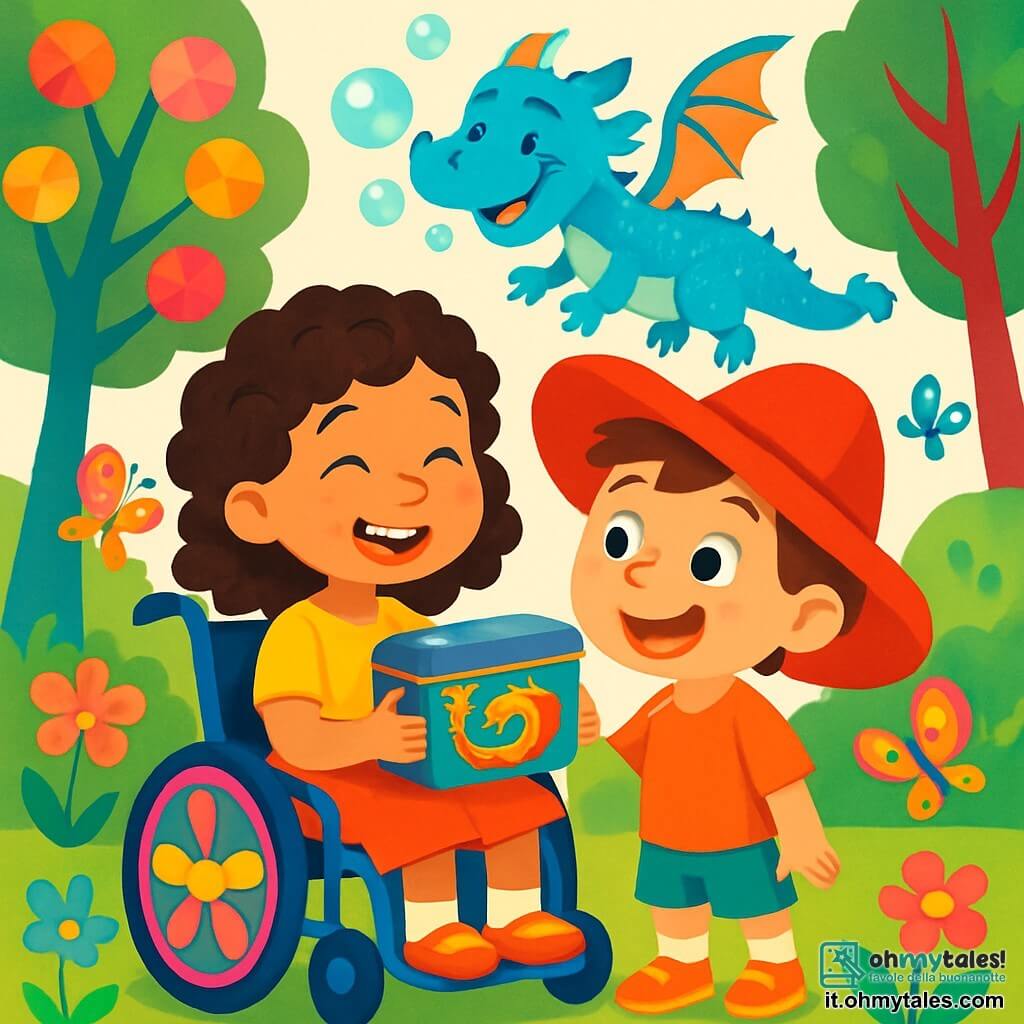 Ci sono 3 personaggi: - Livia: una ragazza di 8 anni con capelli ricci color cioccolato, seduta in una sedia a rotelle decorata con motivi colorati. Sorride felicemente mentre tiene una scatola di metallo decorata con un drago. - Tommaso: un ragazzo di 7 anni con occhi nocciola e lentiggini sul naso, indossa un grande cappello rosso. È in piedi accanto a Livia, con gli occhi brillanti di eccitazione. - Ugolino: un piccolo drago blu con squame scintillanti e bolle di sapone che escono dal naso. Fluttua felicemente sopra Livia e Tommaso, aggiungendo un tocco magico alla scena. La scena si svolge in un giardino incantato, pieno di alberi dai tronchi colorati e fiori brillanti che danzano al vento. Farfalle dai colori vivaci volano intorno a loro, mentre un grande albero con foglie a forma di caramelle si erge maestosamente sullo sfondo. Livia e Tommaso, entrambi stupiti, stanno aprendo la scatola di metallo. All'interno appare una foto magica dell'infanzia del padre di Livia, scintillante di colori vivaci e movimenti, mentre Ugolino, il drago, si diverte a fare bolle intorno a loro.