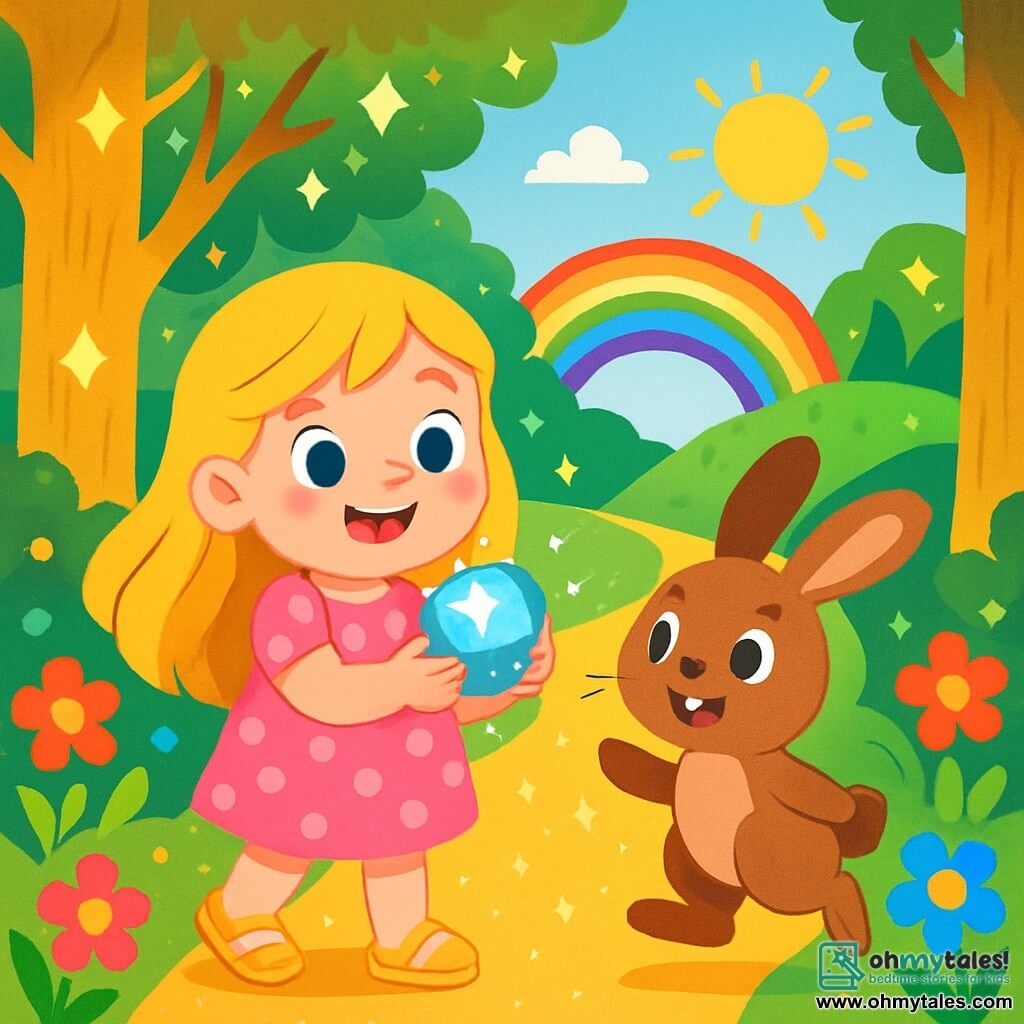 A 4-year-old girl named Lily, with long blonde hair and sparkling curious eyes, joyfully smiles while holding a bright magical stone in her hands. She wears a pink dress with white polka dots and yellow sandals, standing on a shimmering path. Beside her, an adorable rabbit named Benny, with brown fur and large ears, hops happily, his eyes shining with excitement. The setting is an enchanted forest filled with golden-trunked trees and leaves sparkling like diamonds, while colorful flowers dance around them. In the distance, a rainbow bridge connects two lush hills, illuminated by the sun. The main scene shows Lily and Benny ready to cross the rainbow bridge, their faces glowing with happiness and adventure, surrounded by the magic of the forest.