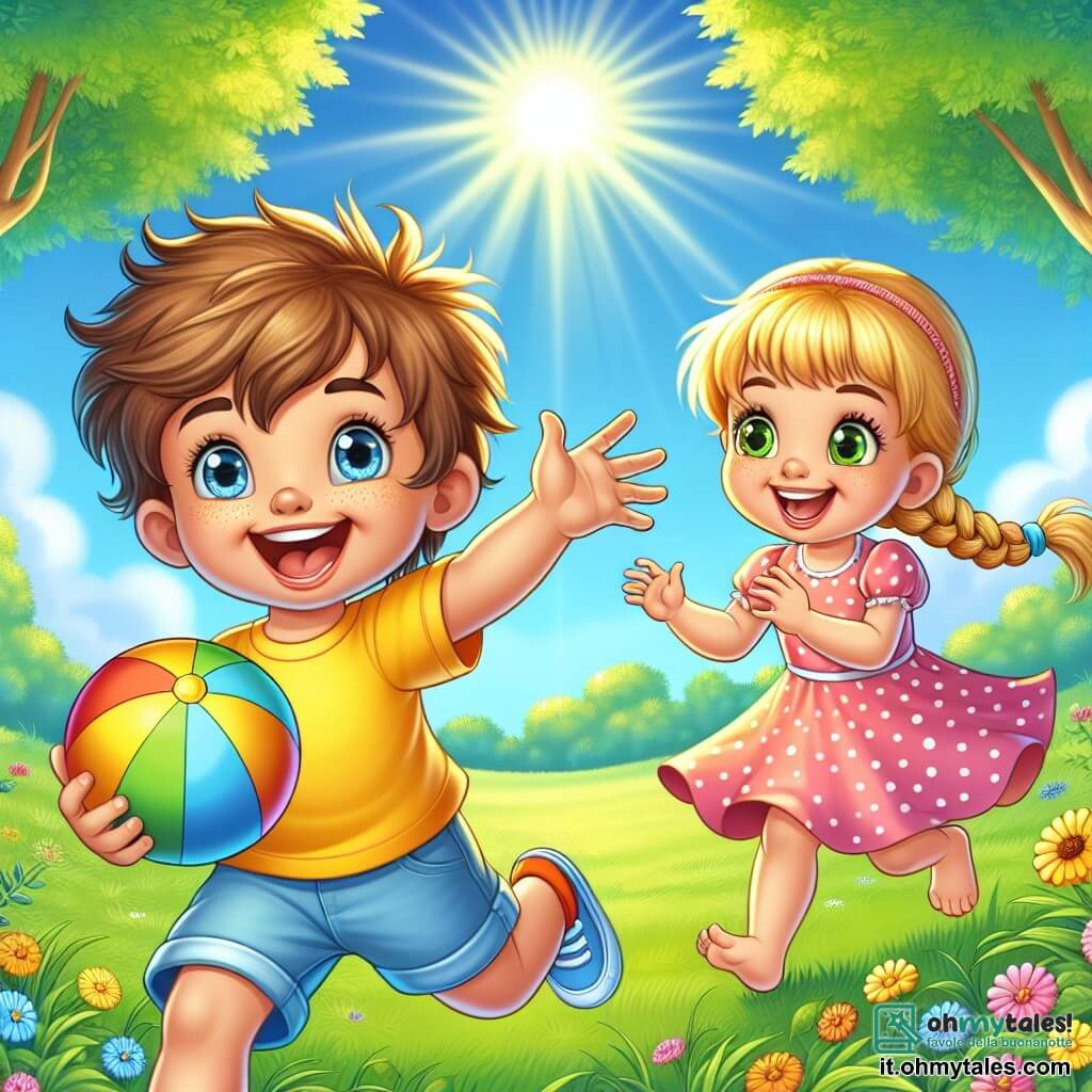 Un bambino di 2 anni, con capelli castani disordinati e occhi scintillanti di gioia, sorride ampiamente lanciando una palla colorata in aria. Indossa una maglietta gialla brillante e pantaloni corti blu, e il suo viso esprime immensa eccitazione. Accanto a lui, una bambina di 2 anni, con capelli biondi intrecciati e un bel sorriso, ride mentre aspetta di prendere la palla. Indossa un vestito rosa a pois e si tiene leggermente indietro, pronta a correre. Il luogo è un campo verde sotto un cielo blu splendente, punteggiato da fiori colorati che danzano nella leggera brezza. Alberi maestosi circondano il campo, offrendo ombra e un'atmosfera incantevole. La situazione principale mostra i bambini che giocano insieme, pieni di felicità e innocenza, condividendo un momento di puro divertimento al sole estivo, circondati dalla bellezza della natura.