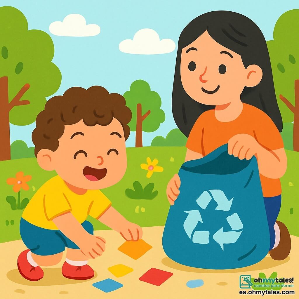 Un niño pequeño de 2 años, con cabello rizado y castaño, y una gran sonrisa alegre, recoge papeles de colores del suelo del parque. Lleva una camiseta amarilla brillante y pantalones cortos azules, y sus pequeñas manos están llenas de determinación. A su lado, su mamá, una mujer de unos 30 años, con cabello largo y negro, lo anima con una mirada orgullosa, sosteniendo una gran bolsa de reciclaje. El parque está lleno de árboles verdes exuberantes, flores brillantes y un cielo ligeramente nublado, creando un ambiente suave y pacífico. La escena principal muestra al niño y a su mamá trabajando juntos para limpiar el parque, rodeados de la belleza de la naturaleza, simbolizando la importancia de cuidar nuestro entorno.