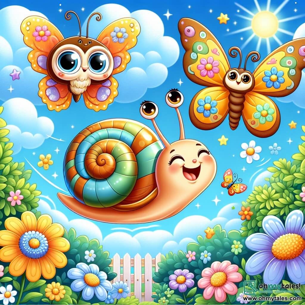 A little snail named Sammy, with a shiny spiral shell and sparkling curious eyes, joyfully floats in the blue sky, a wide smile on his face. Nearby, a beautiful butterfly with colorful wings and floral patterns dances around him, encouraging him to explore. Below, a wise owl with big round eyes and soft feathers observes the scene from a tree branch, a thoughtful look on its face. The setting is a lush garden filled with vibrant flowers, green leaves, and a sunny sky, creating a magical atmosphere. Sammy, the little snail, discovers the joy of floating in the air, realizing his dream of seeing the world from above.