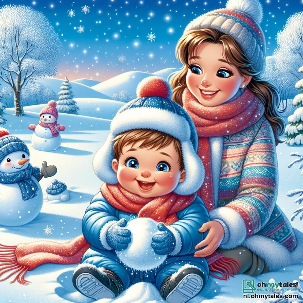 Een jongetje van 1 jaar, met roze wangen en sprankelende ogen, zit in de sneeuw en lacht luid. Hij draagt een grote blauwe overall, een rode sjaal en een schattige muts met een pompon. Zijn kleine handen zijn vol sneeuw en hij is van plan een sneeuwbal te maken. Naast hem kijkt zijn moeder, een vrouw van ongeveer 30 jaar met lang bruin haar en een warme glimlach, hem teder aan. Ze draagt een kleurrijke jas en een wollen sjaal, en ze heeft een grote sneeuwbal klaar om te gooien. De omgeving is een betoverend winterlandschap, met met sneeuw bedekte bomen, een heldere blauwe lucht en zacht vallende sneeuwvlokken. De grond is bedekt met een dikke laag ongerepte sneeuw en in de verte zijn witte heuvels te zien. De hoofdscène toont het jongetje dat vrolijk in de sneeuw speelt, lacht en een sneeuwbal maakt, terwijl zijn moeder hem aanmoedigt en een sneeuwbal voorbereidt om met hem te spelen.