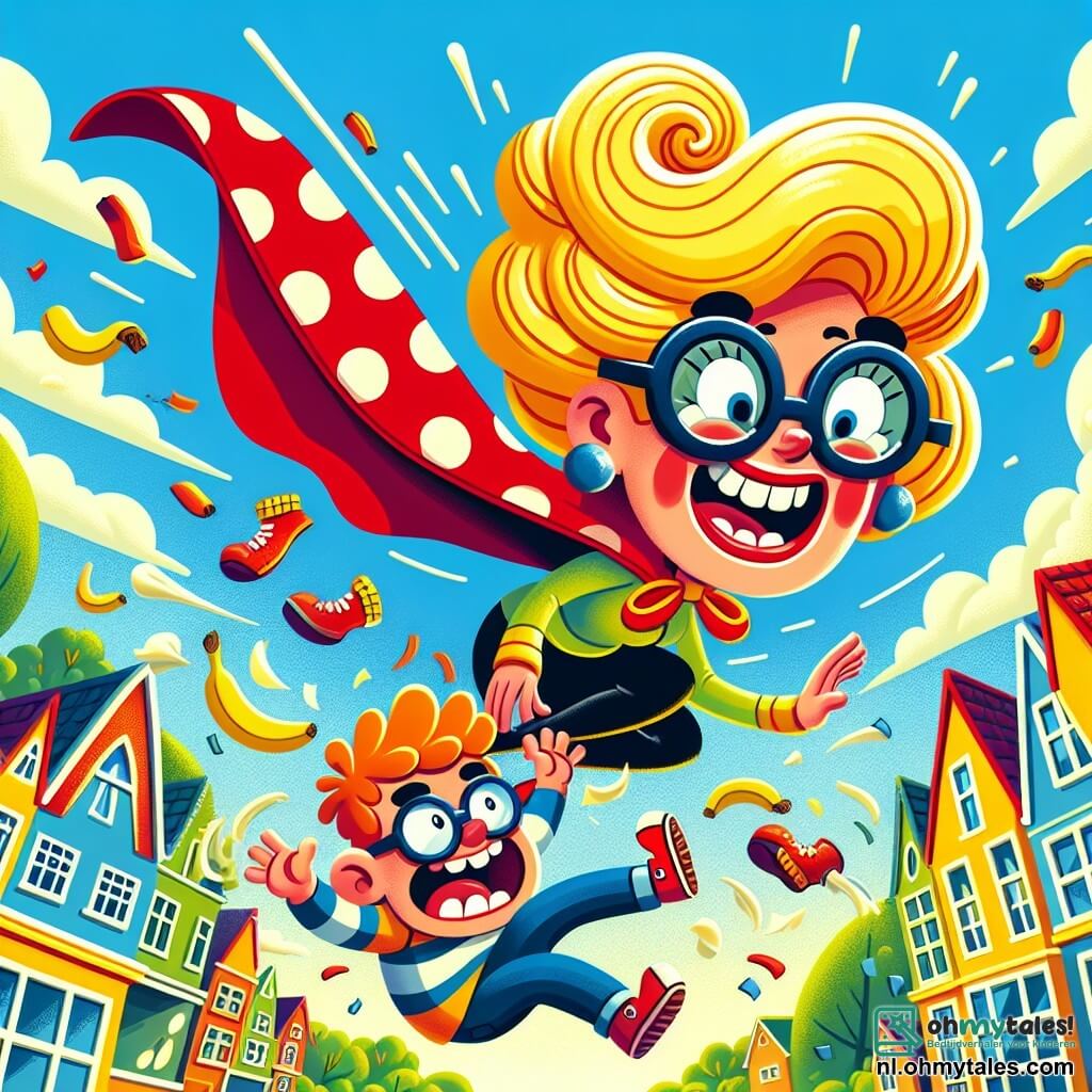 Super Suus, een blije vrouw met een stippencape en grappige brillen, vliegt lachend door de lucht met haar blonde haren wapperend in de wind. Klunsje Klaas, een onhandige jongen van ongeveer 8 jaar, glijdt op een bananenschil met grote ogen en een open mond in een komische verrassing, net onder Super Suus. De scène speelt zich af in een kleurrijke stad met huizen met heldere gevels, groene bomen en een blauwe lucht vol donzige witte wolken. In het midden van de afbeelding vliegt Super Suus over de straat, terwijl Klunsje Klaas op het punt staat te vallen, omringd door vliegende sokken die om hem heen draaien. Super Suus lacht om de komische situatie en is klaar om Klunsje Klaas te helpen opstaan terwijl ze probeert de sokken te vangen voordat ze in de soep vallen!