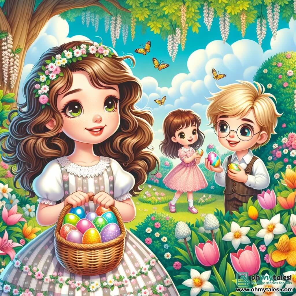 A 12-year-old girl named Lily stands in the center of the image, with wavy brown hair and sparkling curious eyes. She wears a pastel dress adorned with small white flowers and holds a wicker basket filled with colorful eggs, her face radiating joy and excitement. To her right is her friend Max, a 12-year-old boy with blonde hair and round glasses, smiling while holding a shiny egg in his hand, looking at Lily with admiration. To her left is Sarah, an 11-year-old girl with brown hair in pigtails, kneeling by a flowering bush, intrigued by a hidden egg, her expression full of enthusiasm. The setting is an enchanting garden filled with vibrant flowers, tulips, and daffodils, under a light blue sky dotted with fluffy white clouds. In the background, a majestic oak tree provides shade, and a small pond sparkles in the sunlight. The main scene shows Lily, Max, and Sarah in the midst of an Easter egg hunt, laughing and searching for colorful eggs hidden among the flowers, creating a joyful and festive atmosphere that evokes the magic of this special day.