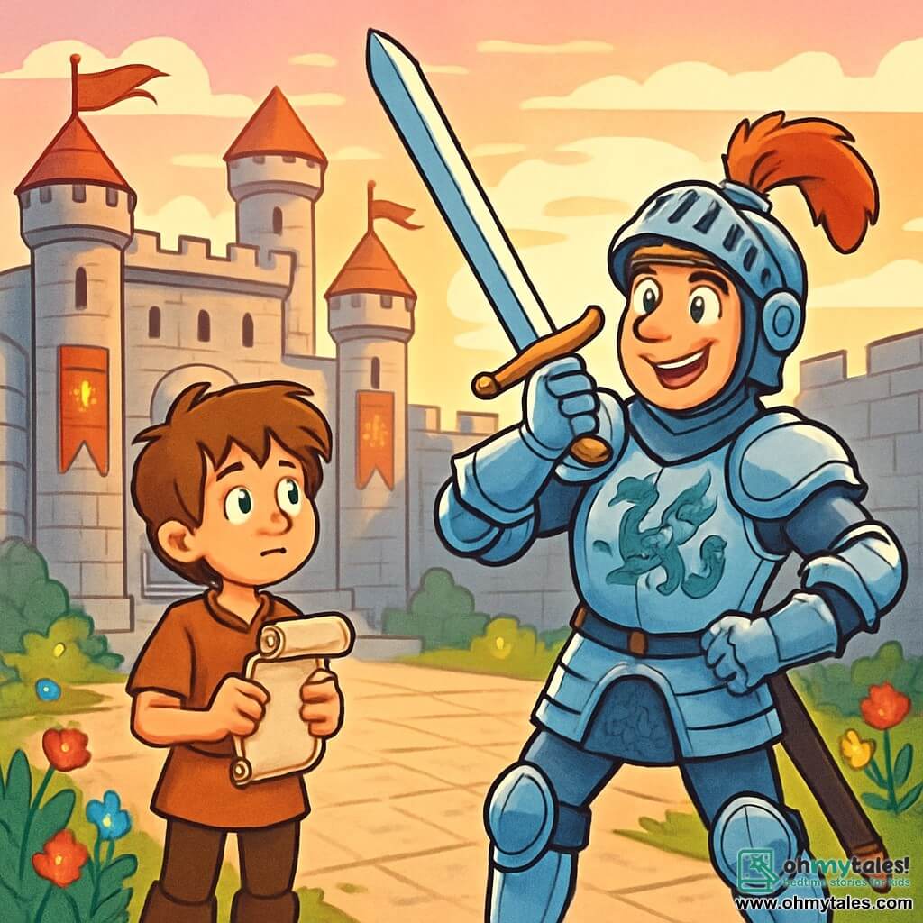 A brave knight, Sir Cedric, stands in the courtyard of the majestic Eldergate Castle. He wears shining armor adorned with dragon motifs and a helmet with a red plume. His face is determined, and his eyes shine with excitement and apprehension as he practices with his sword, the rising sun illuminating his smile. Beside him, Tomlin, a 12-year-old squire with messy brown hair, watches in admiration. He wears a simple tunic and holds a scroll, ready to deliver an important message. The courtyard is surrounded by tall stone walls, with fluttering flags and colorful flowers growing between the stones. In the distance, the sky is tinted pink and orange, heralding a new adventure. Sir Cedric, fully focused, prepares to receive a crucial mission from the Lord Regent, while Tomlin, eager, waits for instructions, his heart racing with excitement.