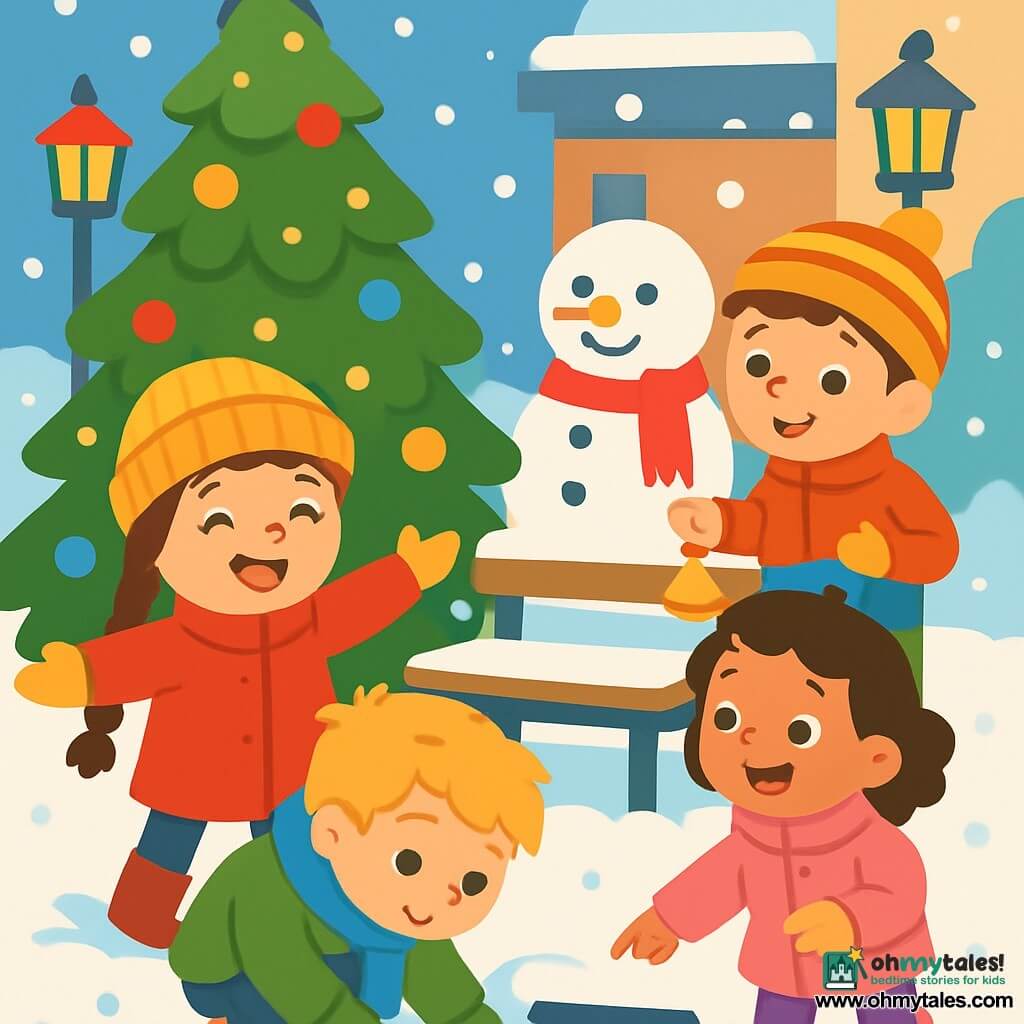 There are 4 children: - Lily: an 8-year-old girl with long braided brown hair, wearing a bright red coat, a wool hat, and yellow gloves. She is joyfully smiling with her arms open near a large Christmas tree. - Max: a 7-year-old boy with messy blond hair, dressed in a blue scarf and a green coat. He is crouched down, digging in the snow with a focused look. - Emma: a 6-year-old girl with black curls and rosy cheeks, dressed in a pink coat and purple boots. She is pointing at a spot under a bench, her eyes shining with excitement. - Tom: an 8-year-old boy with brown hair and a shy smile, wearing an orange coat and a striped hat. He is standing, holding a small golden bell in his hand, looking happy. The scene takes place in a charming snowy square, where a large Christmas tree sparkles with lights. Snowflakes gently fall, covering the ground with a thick white layer. Colorful lanterns illuminate the scene, and a smiling snowman stands next to a wooden bench decorated with a red scarf. The main situation shows the children searching for Tom's lost golden bell. They are surrounded by sparkling snow, joyfully singing Christmas carols with radiant smiles on their faces, while a gentle winter breeze makes the snowflakes dance around them.