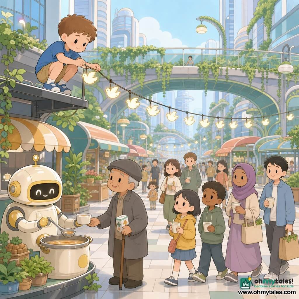 A smiling but focused 10-year-old boy with light brown crew-cut hair, blue T-shirt and khaki shorts, crouched on a metal ledge hanging dove-shaped fairy lights above an alley; beside him stands a relieved-looking ~70-year-old tan man with a wooden cane and gray coat holding a small packet of medicine; a round shiny cream-and-yellow vendor robot offers a ladle of soup by a colorful stall to the left; mixed passersby—children and adults—smile with bags and soup cups and move calmly to the right following the lights; setting: a wide glassed main street under a planted pedestrian bridge with smooth tiled ground, tall glass towers, a vine- and lantern-lined covered walkway and a pastel-lit pop-up market of small rounded booths; scene: installing a dove-light garland to guide people from the market to the garden bridge, calm orderly flow, warm collaborative, clean vegetative futuristic city.