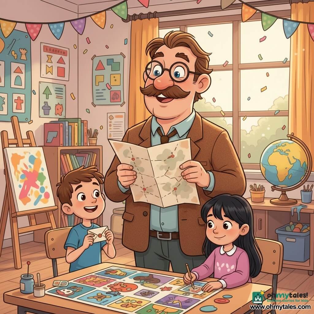 A tall schoolteacher with a warm smile, big mustache, glasses slid down his nose and sparkling blue eyes in a brown tweed jacket holds an open treasure map and points to it enthusiastically; Emma, about 8, curly blonde hair and bright eyes, stands to his right holding the map with both hands and looking excited; Max, about 8, short brown hair and a mischievous grin, stands to his left laughing and holding a small envelope; Mia, about 7, long black hair and shy but smiling, sticks a small picture onto a collage on the table in front of the group; the bright, colorful classroom has educational posters, a sunny window, a bookshelf, an old globe, an easel with canvases and paint pots, and paper garlands; the scene shows a joyful school treasure-hunt celebration with confetti and the teacher showing the map while the children gather around the collage.
