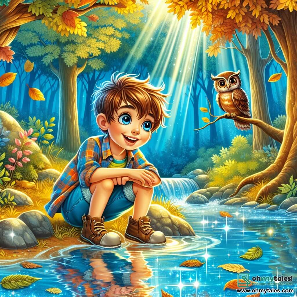 A 9-year-old boy, Oliver, stands by a sparkling river, his eyes shining with curiosity and wonder. He has messy brown hair, a bright smile, and wears a colorful plaid shirt with denim shorts. Oliver is sitting on a rock, leaning forward, observing his reflection in the water, looking thoughtful and captivated. Nearby, a wise owl with brown and golden feathers perches on a tree branch, its large, round eyes watching Oliver kindly, ready to share secrets and adding a touch of magic to the scene. The setting is an enchanted forest, with majestic trees and golden leaves dancing in the wind. Sunlight filters through the foliage, creating bright patterns on the leaf-covered ground. The vibrant blue river gently winds, reflecting the azure sky and the colorful surroundings. The main scene shows Oliver in deep contemplation, absorbed by the beauty of nature and the lessons whispered by the wind, while the owl observes him wisely, ready to impart profound knowledge about life and the importance of introspection.