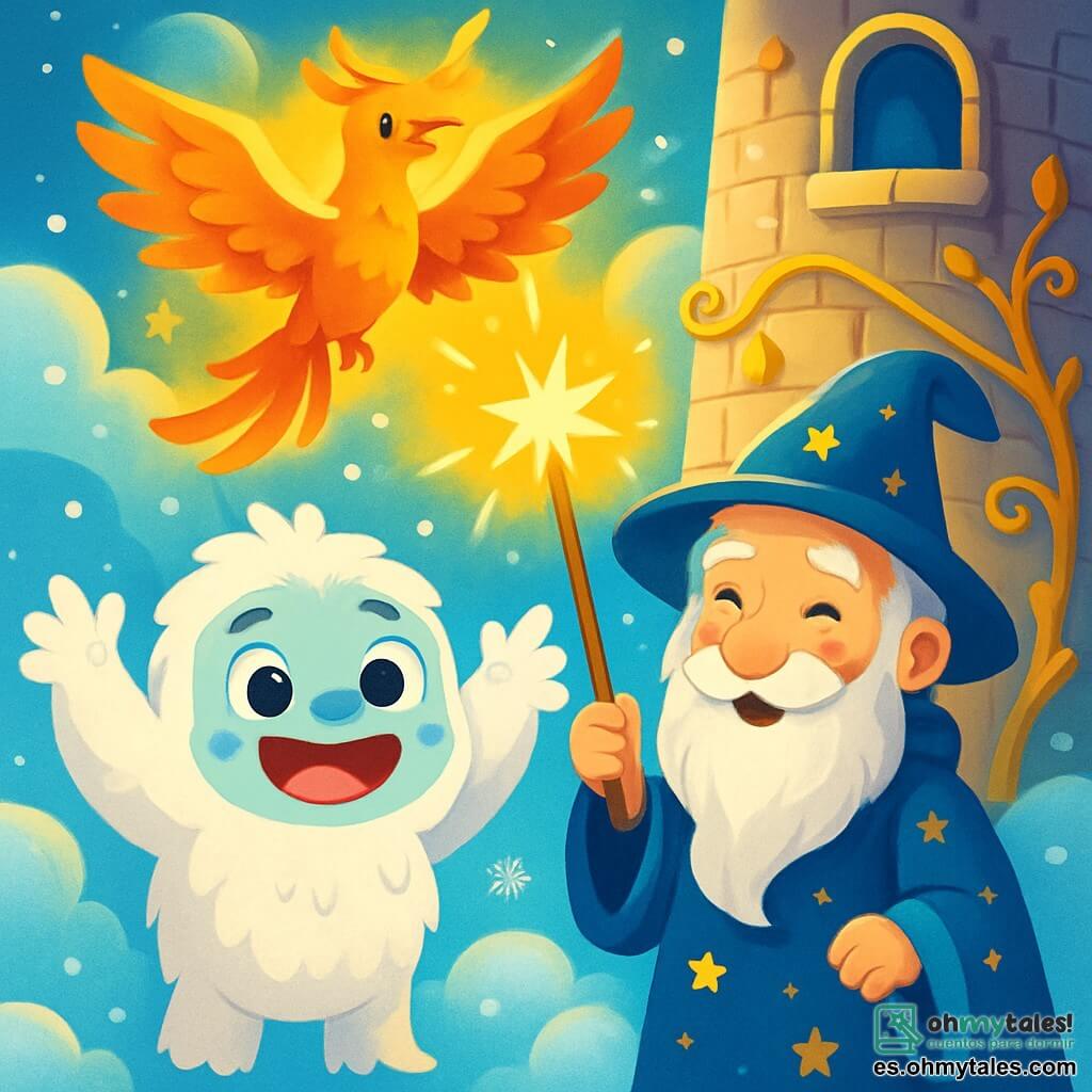 Un pequeño yeti de pelaje blanco y suave, con grandes ojos brillantes y una sonrisa maravillada, se encuentra en el centro de la imagen, levantando los brazos en señal de alegría. A su lado, el Gran Maestro Lumin, un hombre anciano con una larga barba plateada y una túnica estrellada, sonríe cálidamente, sosteniendo una varita mágica brillante. En el fondo, un majestuoso fénix de plumas doradas y rojas se eleva en el aire, iluminando la escena con su luz resplandeciente. El decorado es una torre mágica de piedra, con ventanas redondas y lianas doradas, rodeada de nubes esponjosas y copos de nieve que caen suavemente. La escena irradia una atmósfera de fiesta y magia, con colores vivos y destellos de luz, mientras el yeti y el maestro se preparan para celebrar su victoria sobre una sombra amenazante.