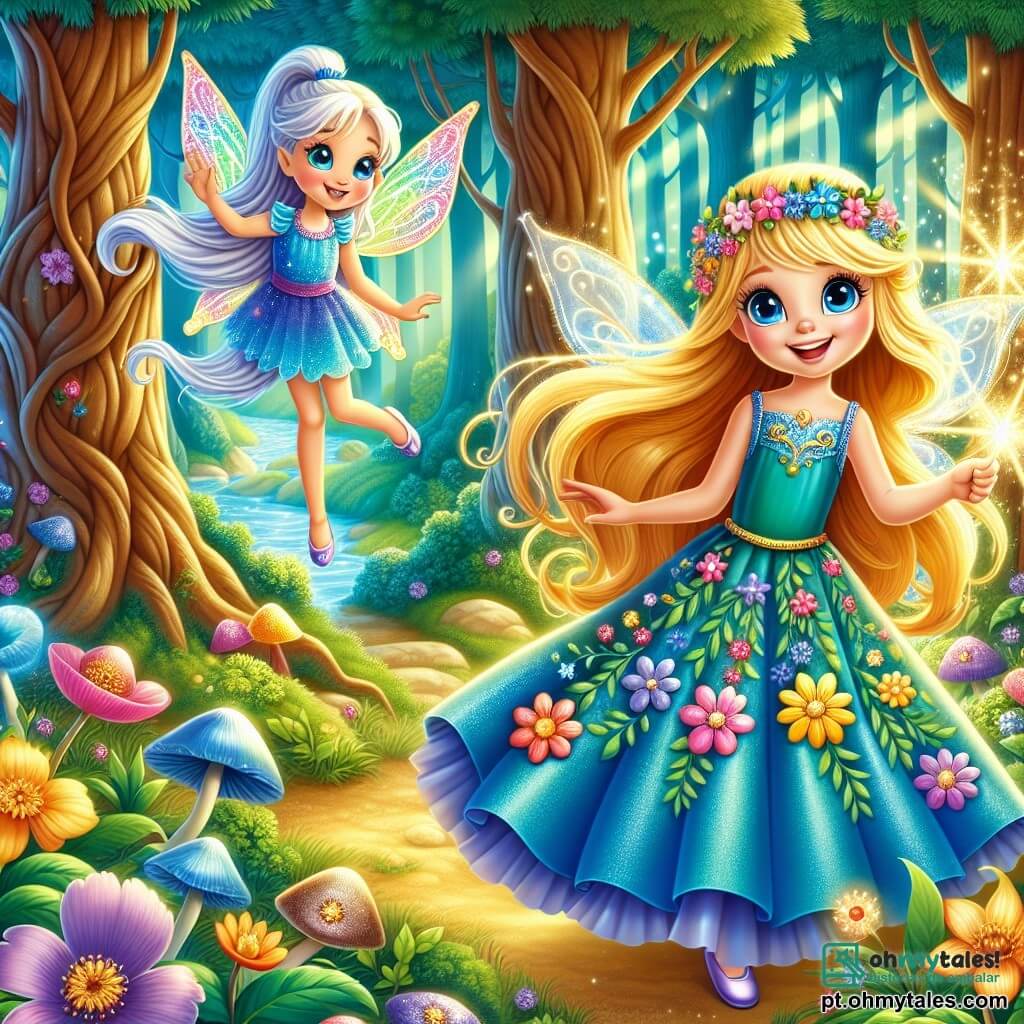 A princesa Isadora, uma menina de cerca de 10 anos, está no centro do palco, com longos cabelos dourados ao vento e olhos azuis brilhando de curiosidade. Ela usa um vestido azul vibrante adornado com flores coloridas, e seu rosto irradia excitação enquanto se prepara para entrar na floresta encantada. À sua direita, Lila, uma pequena fada com asas cintilantes, mede cerca de 15 cm de altura. Ela tem cabelos prateados e usa um vestido feito de pétalas de flores, sorrindo alegremente enquanto segura uma pequena varinha mágica que emite faíscas luminosas. Ao fundo, a floresta encantada se estende majestosa, com grandes árvores de troncos retorcidos e folhas de um verde vibrante. Flores luminosas e cogumelos coloridos pontilham o chão, enquanto um suave raio de sol filtra pelas folhas, criando uma atmosfera mágica. A cena principal mostra Isadora, determinada, prestes a atravessar uma ponte cintilante sobre um lago mágico, enquanto Lila a encoraja entusiasticamente. A atmosfera é cheia de maravilhas e aventura, capturando a essência de um conto de fadas.