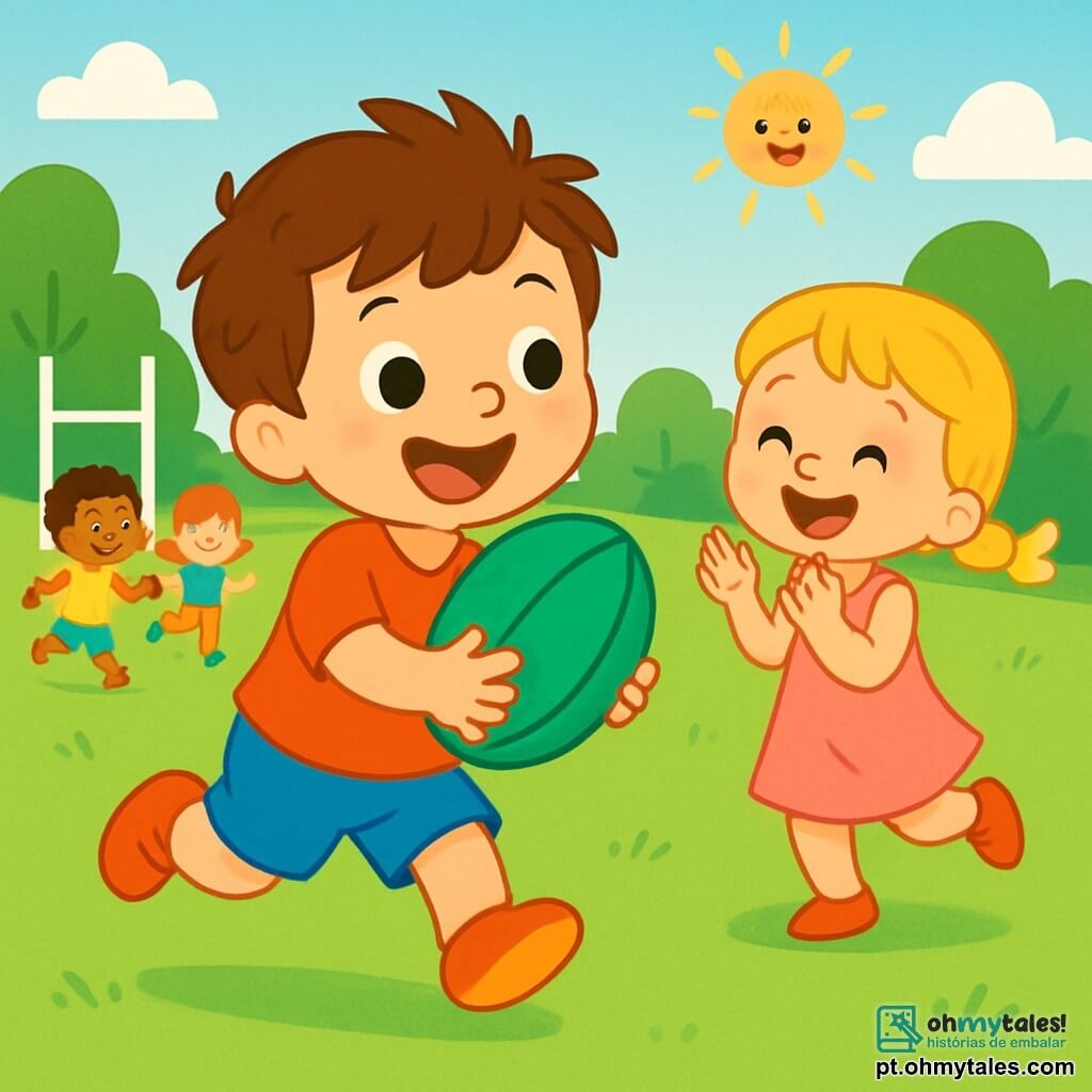 Um menino de 2 anos, com cabelo castanho bagunçado e um grande sorriso alegre, veste uma camiseta vermelha brilhante e um short azul. Ele está correndo no campo de rúgbi, segurando uma bola verde em suas pequenas mãos, com olhos brilhando de excitação. Ao seu lado, uma menina de 3 anos, com cabelo loiro trançado e um vestido rosa, aplaude pulando de alegria, incentivando seu amigo. Ao fundo, um grupo de crianças de diferentes idades, todas vestidas com cores vibrantes, se divertem jogando rúgbi em um grande campo verde, cercado por árvores e um céu azul ensolarado. A cena mostra o menino pronto para lançar a bola, com uma expressão determinada e feliz, enquanto seus amigos o observam com entusiasmo.