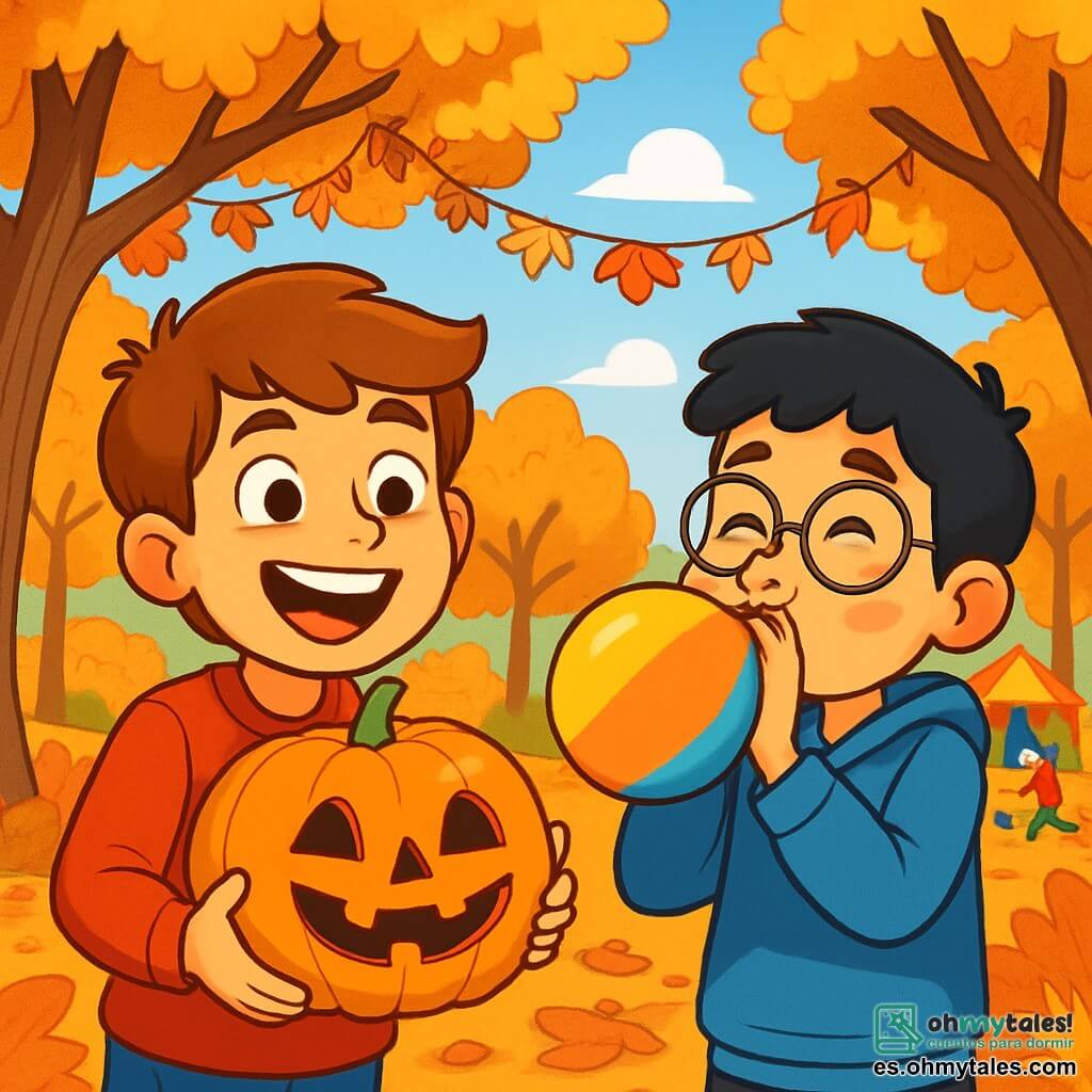 Un chico de 12 años, Lucas, con cabello castaño y ojos llenos de curiosidad, sonríe alegremente sosteniendo una calabaza tallada con una gran expresión de emoción en su rostro. A su lado, su amigo Diego, también de 12 años, tiene cabello negro y gafas redondas, ríe mientras intenta inflar un globo colorido, con las mejillas ligeramente rojas por el esfuerzo. El escenario es un parque otoñal vibrante, con árboles de hojas doradas, naranjas y rojas, y un suelo cubierto de hojas crujientes. Guirnaldas de hojas decoran las ramas, y a lo lejos, se está preparando una gran fiesta con puestos coloridos y niños jugando. La situación principal muestra a Lucas y Diego divirtiéndose juntos, rodeados de risas y colores, mientras participan en la preparación de la fiesta de otoño, llenos de alegría y entusiasmo.