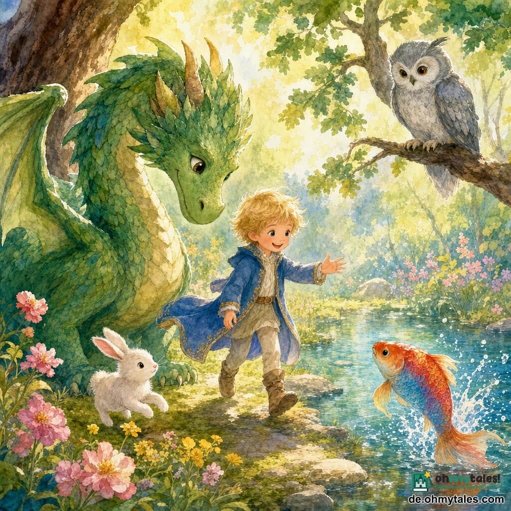 Prinz Emil (Junge, ca. 6 Jahre) mit sonnenblonden Haaren und kleinem blauem Mantel lächelt und streckt die Hand zu seinen Freunden auf einem moosigen Pfad; ein großer grüner, freundlicher Drache mit glänzenden schuppen lehnt den Kopf sanft neben ihm; ein weißes Häschen mit rosa Ohren hoppelt neugierig bei seinen Füßen; ein bunt schillernder Fisch (Blau-Rot-Gold) schwimmt sichtbar im klaren Teich rechts; eine weise Eule mit silbernen Federn sitzt auf einem niedrigen Eichenast und beobachtet die Szene; Ort: verzauberter Waldrand mit strukturierten braunen Stämmen, rosa und gelben Wildblumen, kleinem Spiegelteich und Sonnenstrahlen; Stimmung warm und farbenfroh, alle gehen zusammen, Komposition betont ihr Band, Aquarellstil mit sanften Konturen und Pastellpalette.